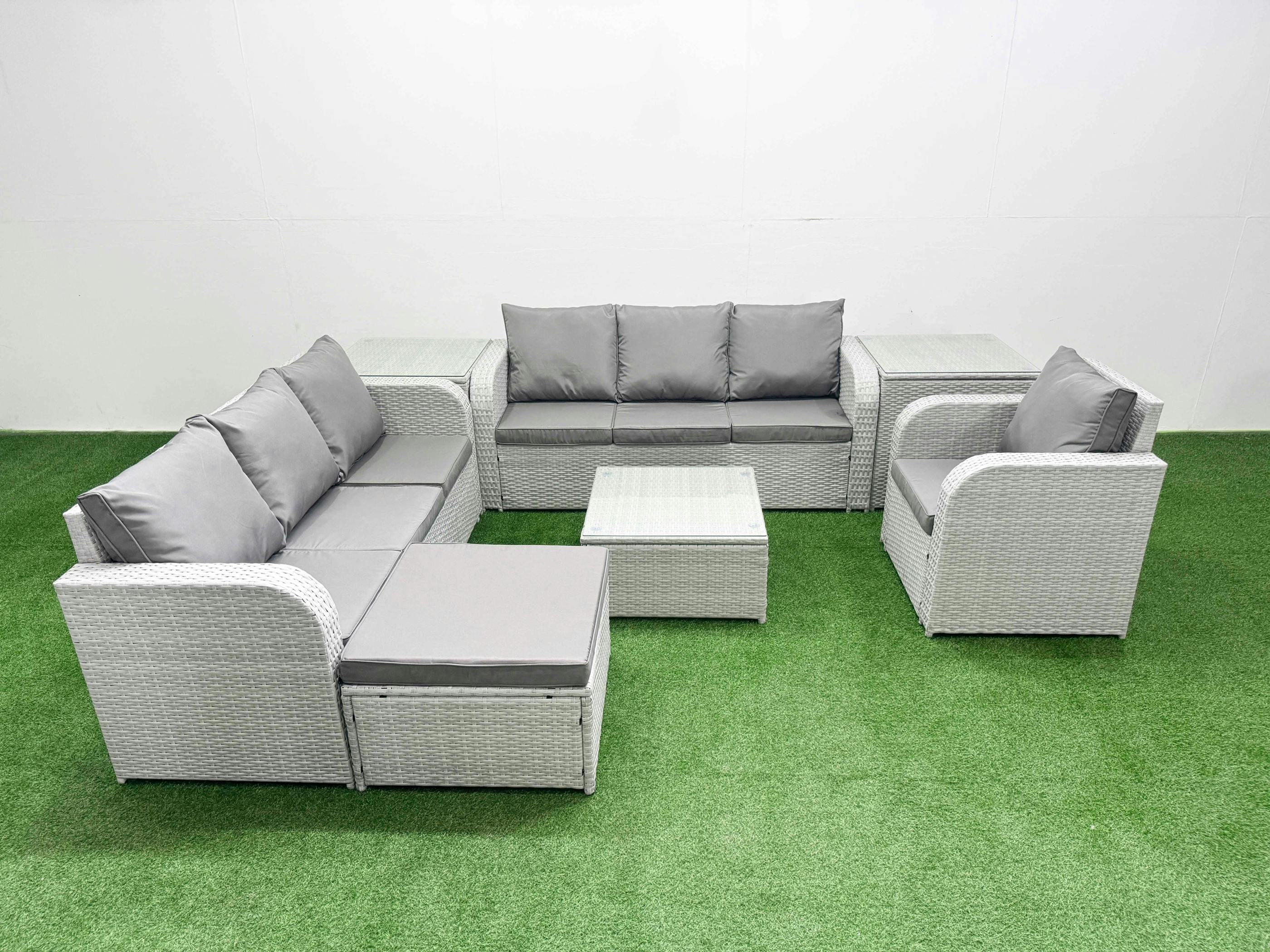 Fimous Light/Grey 8 Seater Patio Furniture Set, Poly Rattan, Coffee Table, Double 3 Seater Sofa, Reclining Chair, Big Footstool & 2 Side Tables,