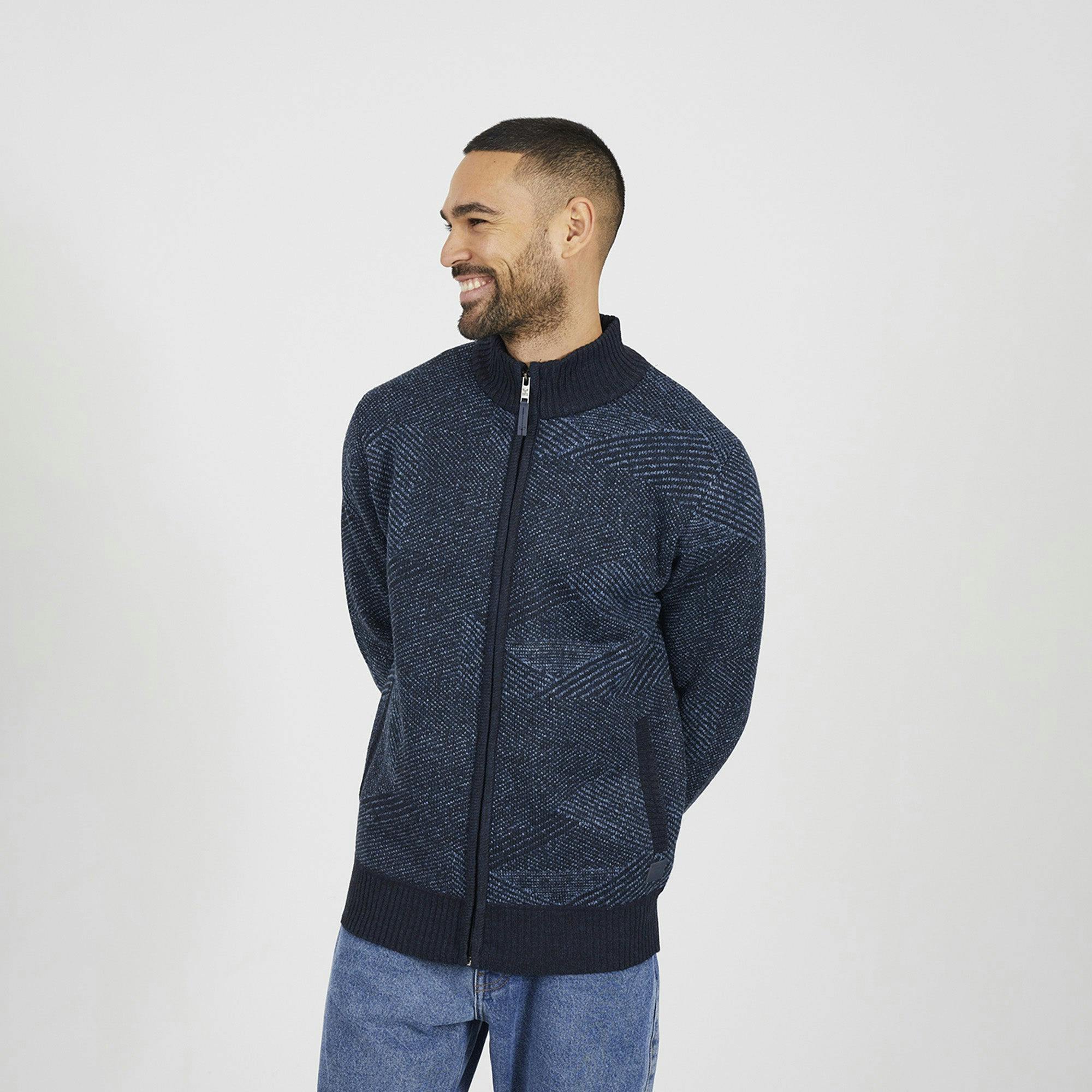 Brave Soul Funnel Neck Zip Through Knitted Jumper - Navy - Navy - Xxl