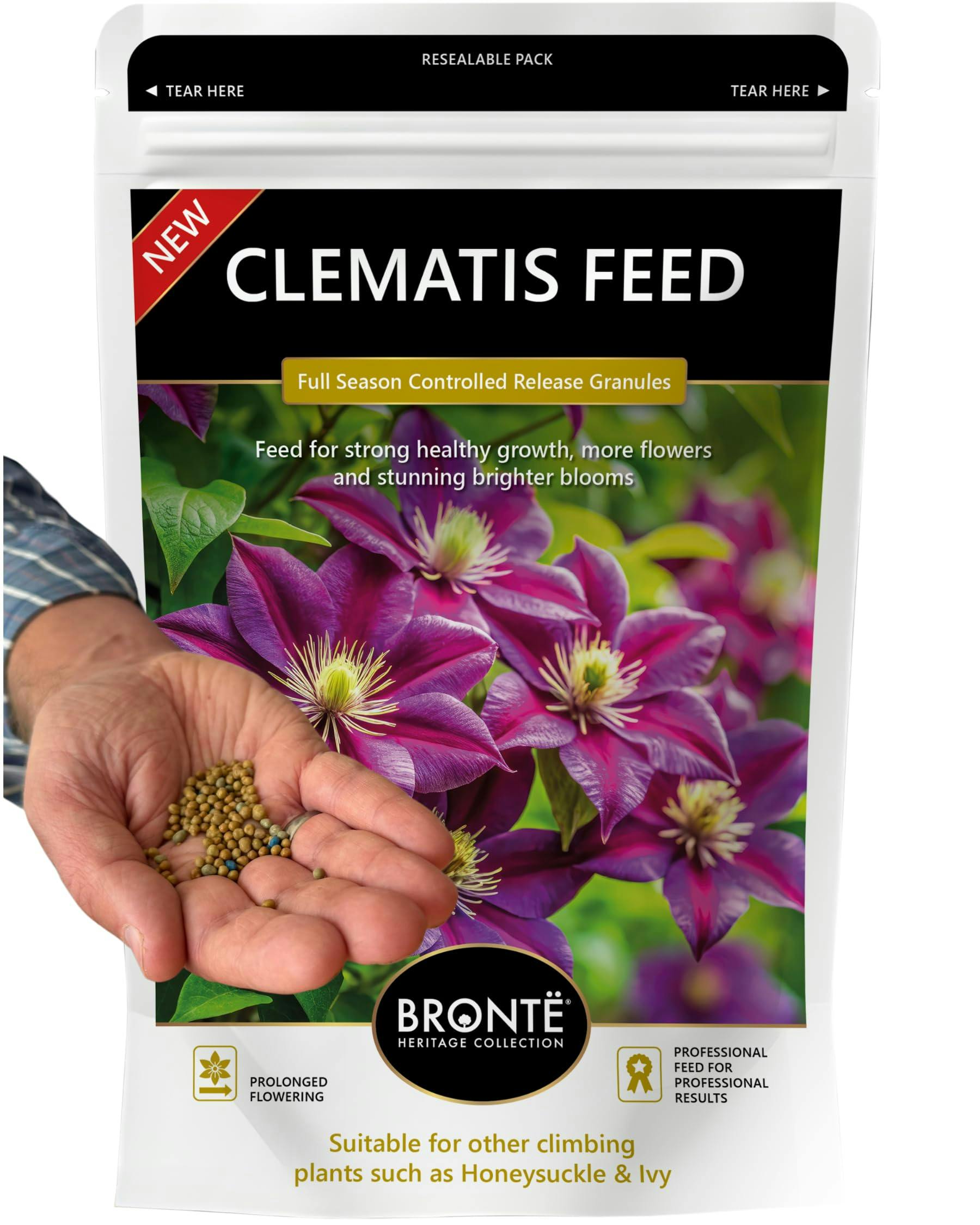 Bronte Heritage Clematis Fertiliser 120G – Controlled-Release Granules For Climbers Like Honeysuckle & Ivy. Boosts Growth & Flowering. Easy-Apply