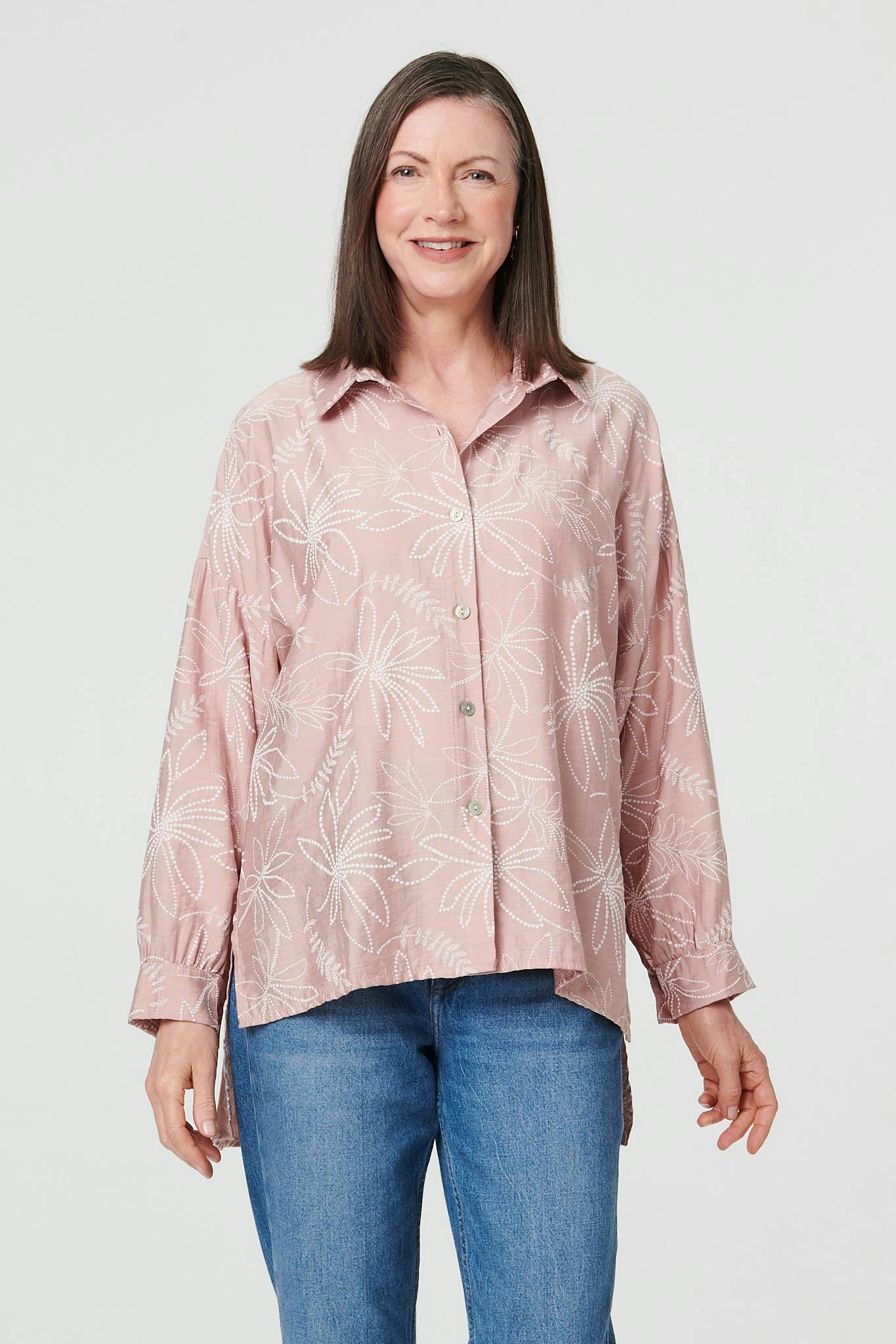 Izabel London Pink Leaf Print Long Sleeve Curve Hem Shirt - S