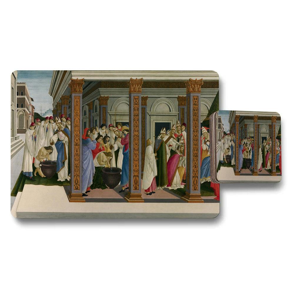 Benjamin Tate Design Placemat And Coaster Set With Renaissance Hall Scene Artwork