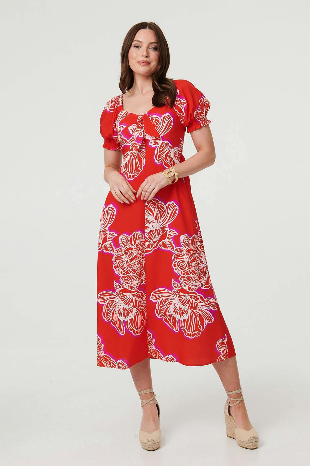 Izabel London Red Floral Puff Sleeve A-Line Midi Dress - 10