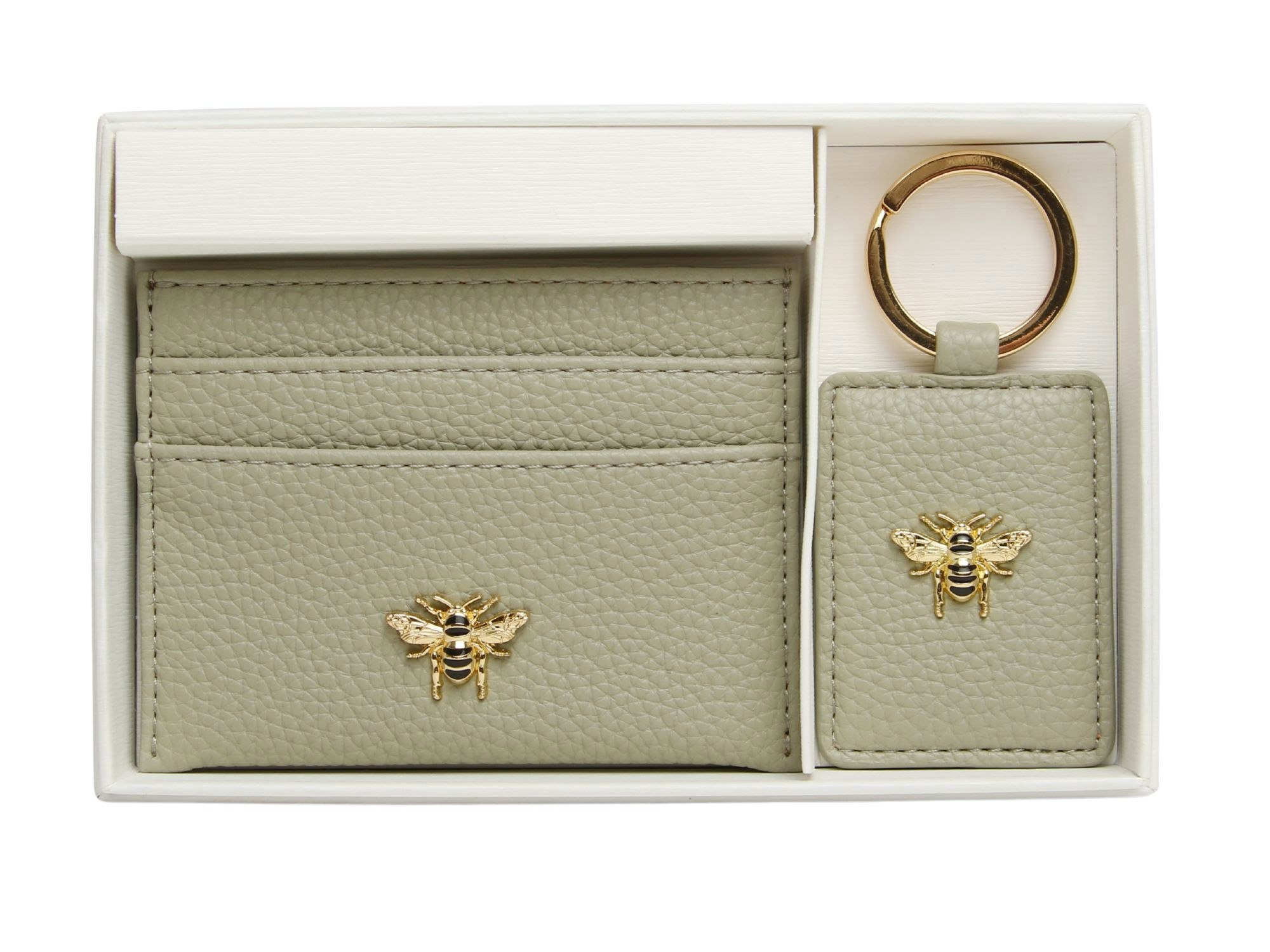 Alice Wheeler Black/Light Bee Keyring & Card Holder Gift Set – Vegan Leather - Pistachio