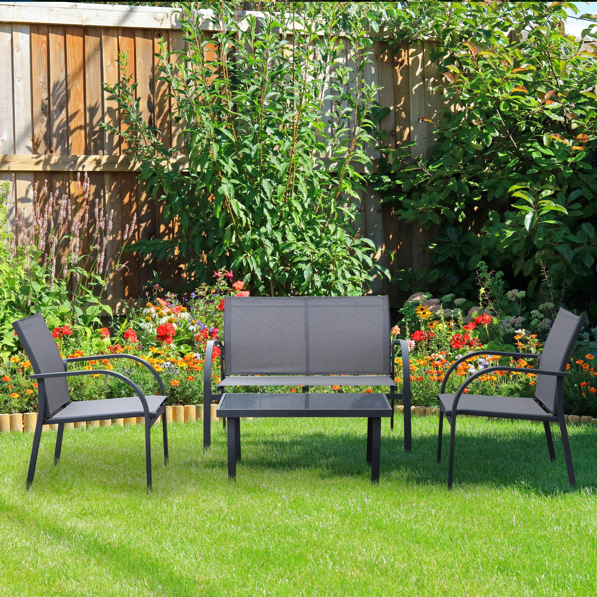 Outsunny Beige/Grey 4Pcs Patio Furniture Set Garden Sofa Glass Top Coffee Table