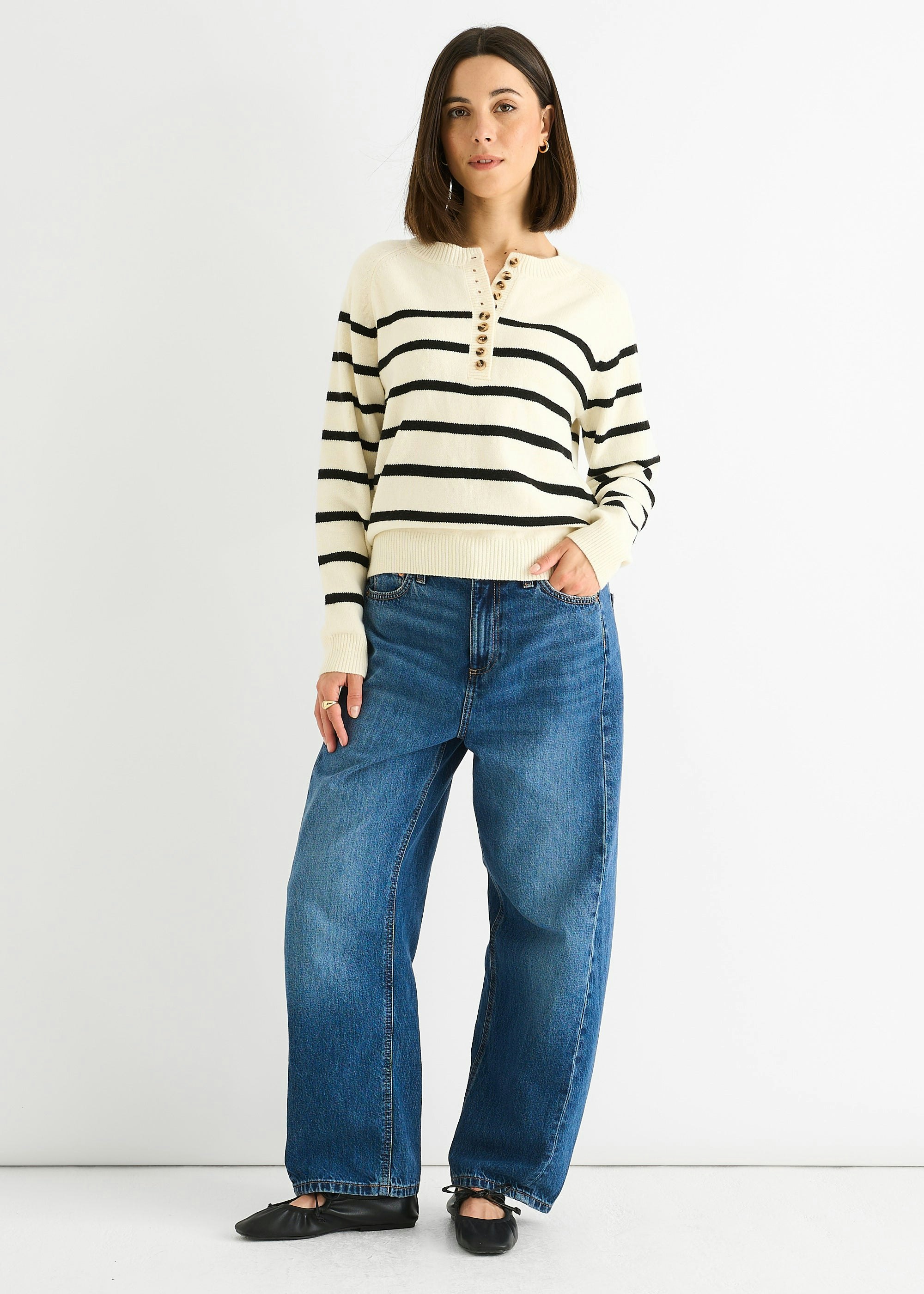 Gini London Cream Recycle Stripe Button Up Loose Fit Knit Jumper - S-M (Uk 8-10/Us 4-6/Eu 36-38)