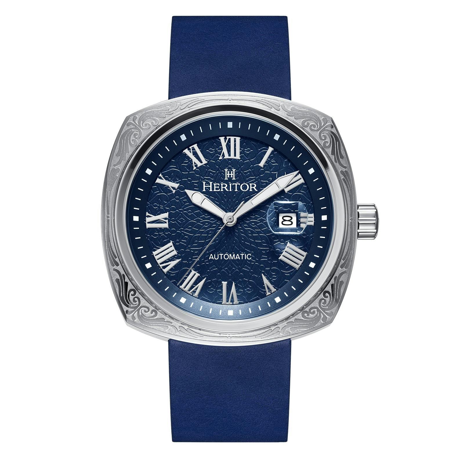 Heritor Automatic Silver/Blue Davenport Engraved-Case Leather-Band Watch W/ Date