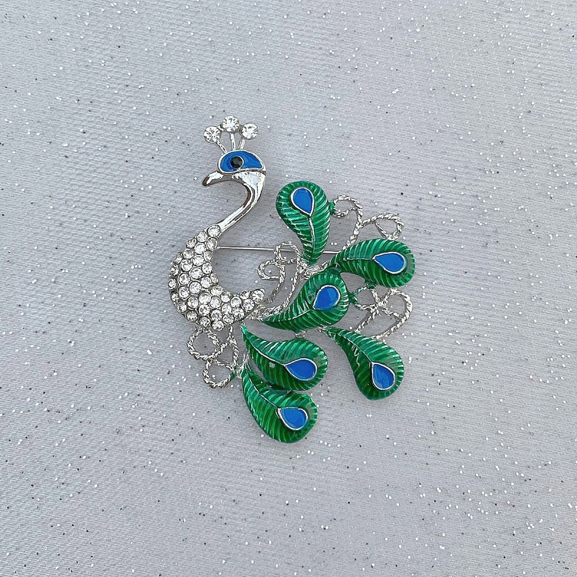 Queenmee Accessories Silver Peacock Brooch With Enamel And Crystal