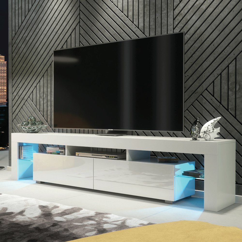 Mex Furniture White Sleek Modern 200Cm Tv Unit Cabinet Stand High Gloss Doors With Free Led Lights - 200 Cm - 1 - Matt Body & Gloss Doors