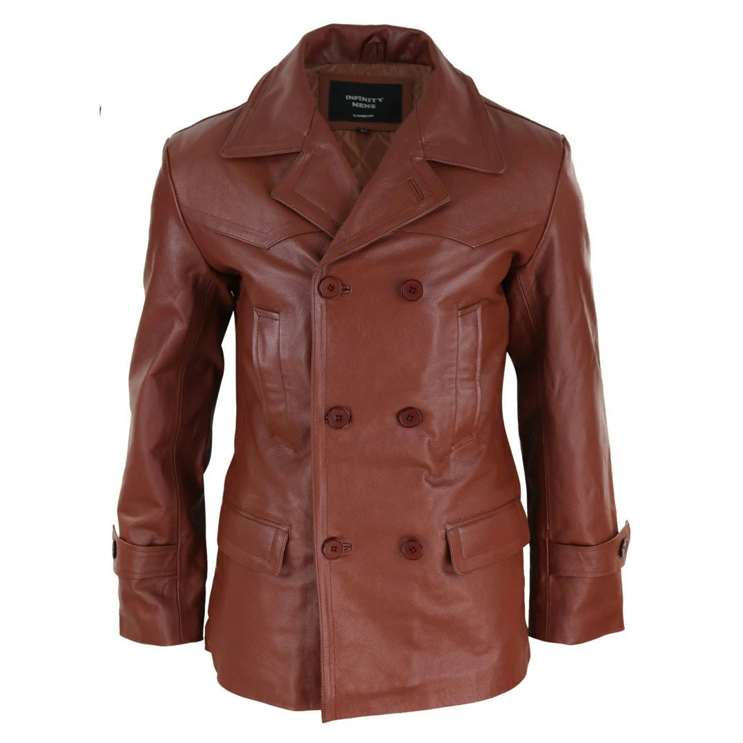 Infinity Leather Men's Leather Company 3/4 Double Breasted Leather Dr Who Kreigsmarine Uboat Jacket - Tan - 4XL