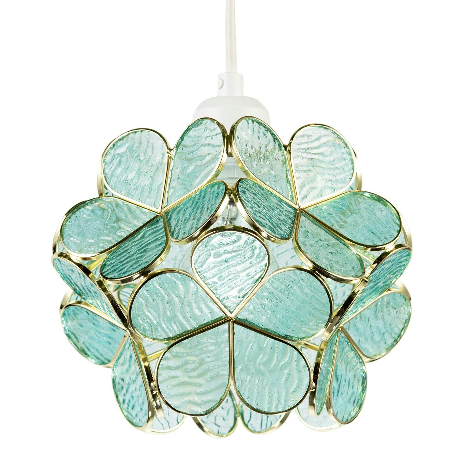 Rackhams Light/Gold Floral Petal Pendant Shade With Teal Glass And Shiny Frame