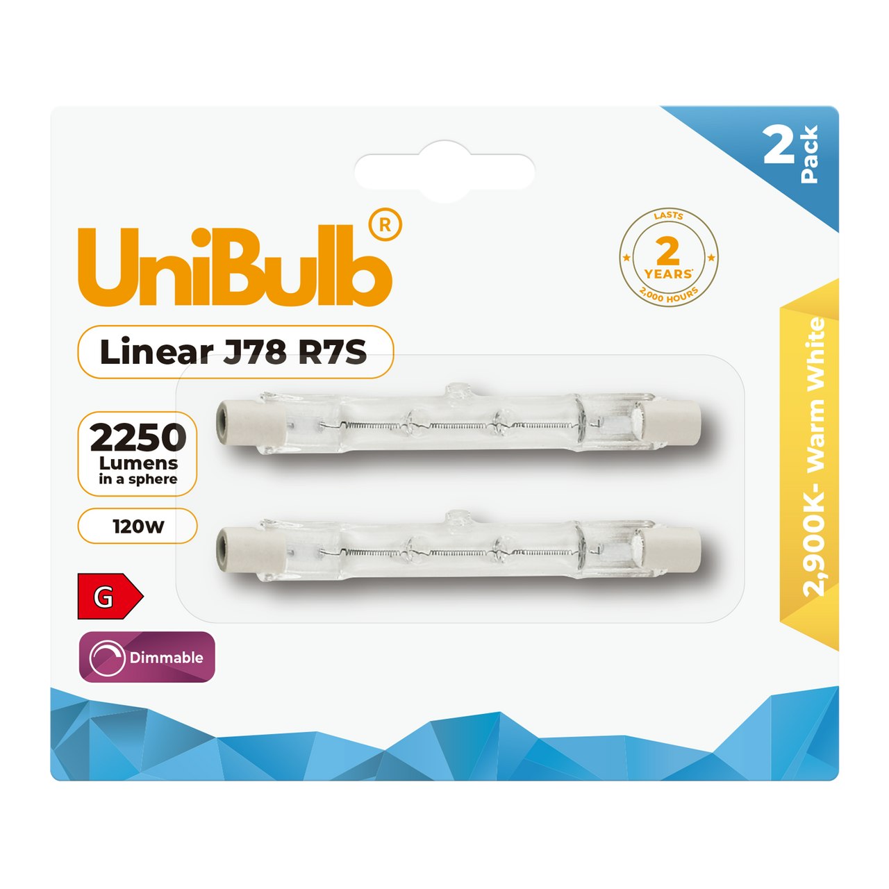 Unibulb White/Light Halogen 78Mm R7s Linear 2250Lm 120W 2900K (Warm ) Dimmable Bulb - Pack Of 2