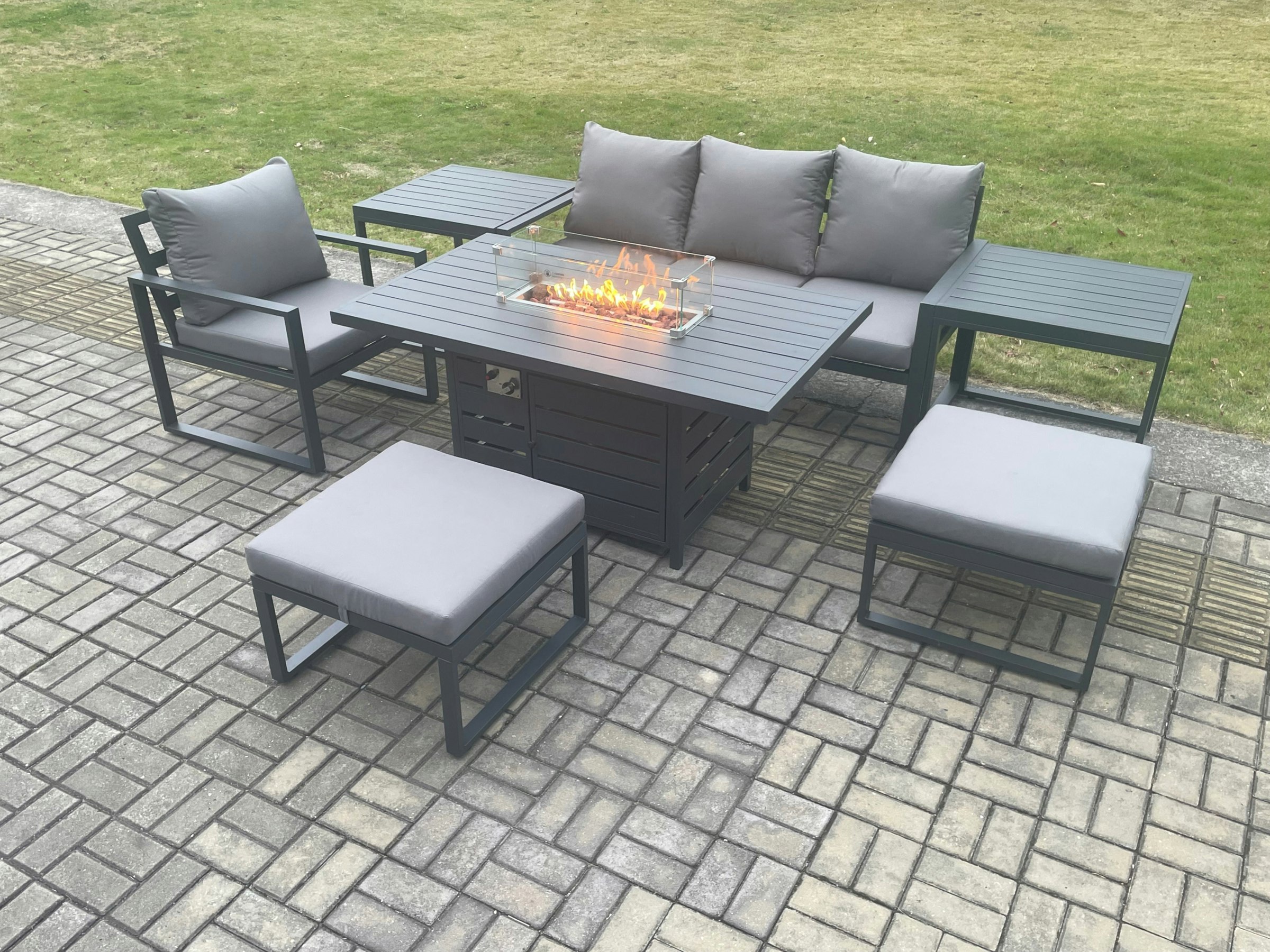 Fimous Dark/Grey Aluminium 7 Pieces Garden Furniture Sofa Set With Cushions Gas Fire Pit Dining Table Set With 2 Big Footstools 2 Side Tables