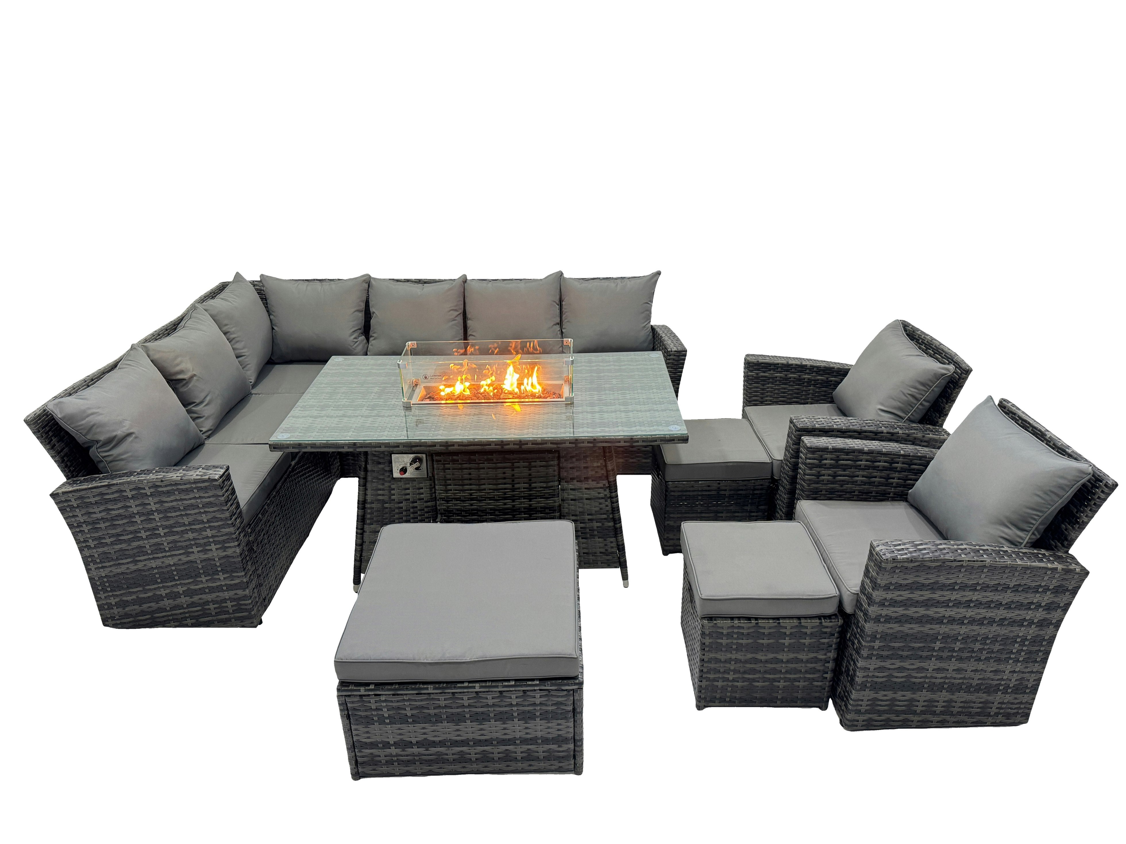 Rackhams Dark/Grey Poly Rattan Outdoor Patio Gas Firpit Dining Table Corner Sofa Set With 3 Stools 2 Chairs For Garden Backyard Mixed