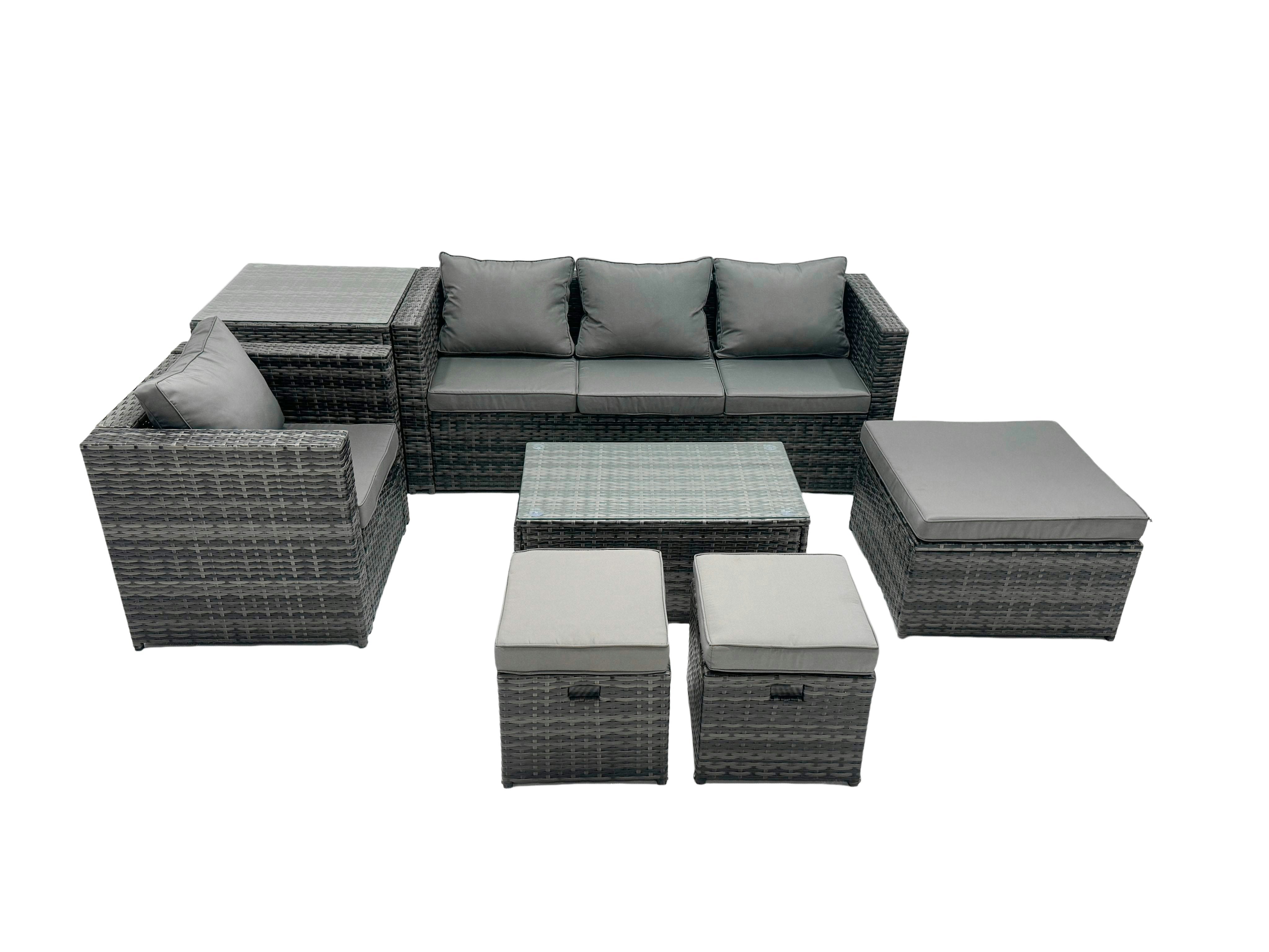 Rackhams Dark/Grey Outdoor Coffee Table Sofa Armchair Set With Side Table Big Stool 2 Small Footstools Garden Furniture Set Mixed