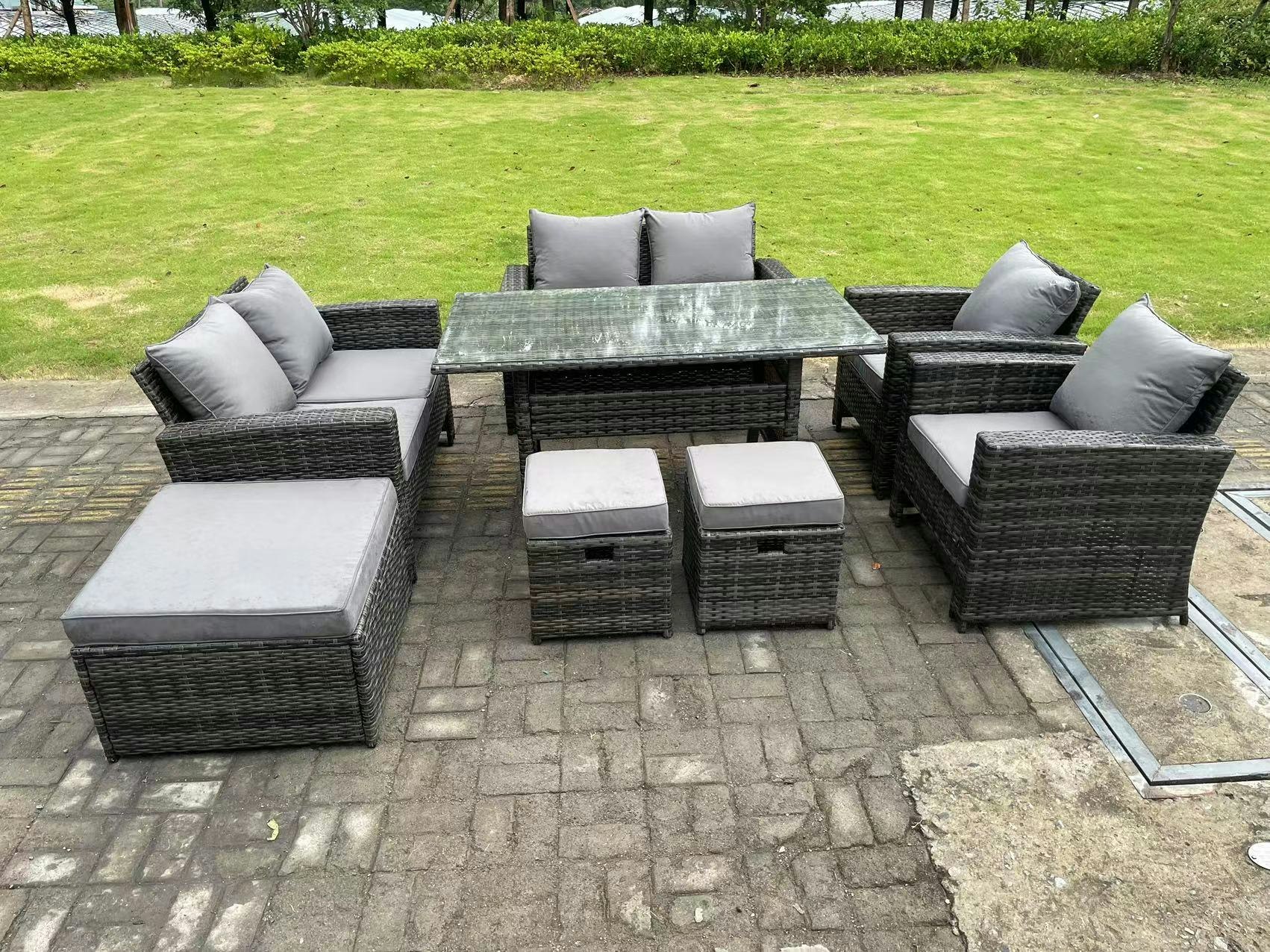 Rackhams Dark/Grey 9 Seater Mixed High Back Rattan Sofa Set Dining Table Garden Furniture Outdoor With Arm Chair Love Seat