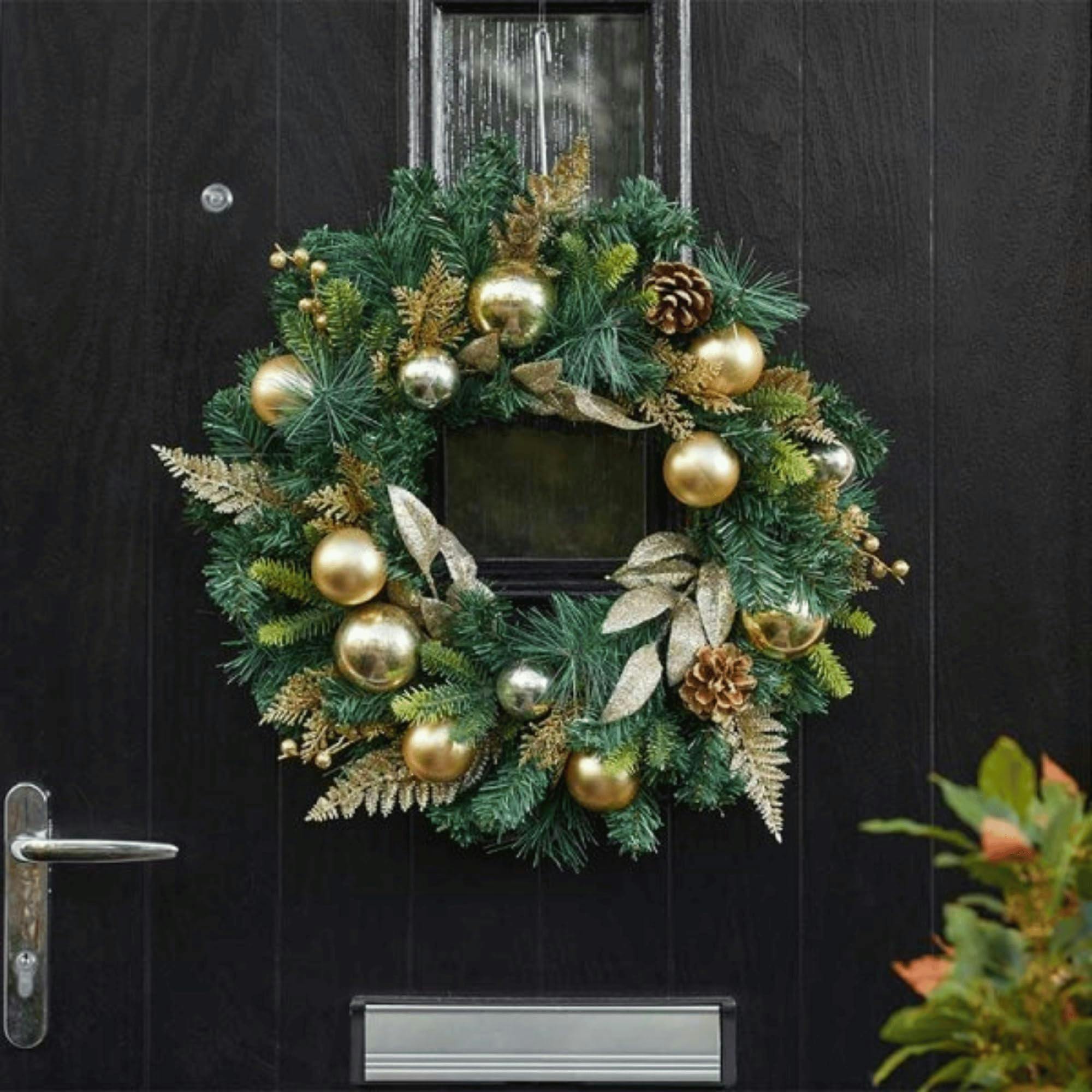 Rackhams Gold 40Cm Hanging Baubly Christmas Wreath With Pinecones