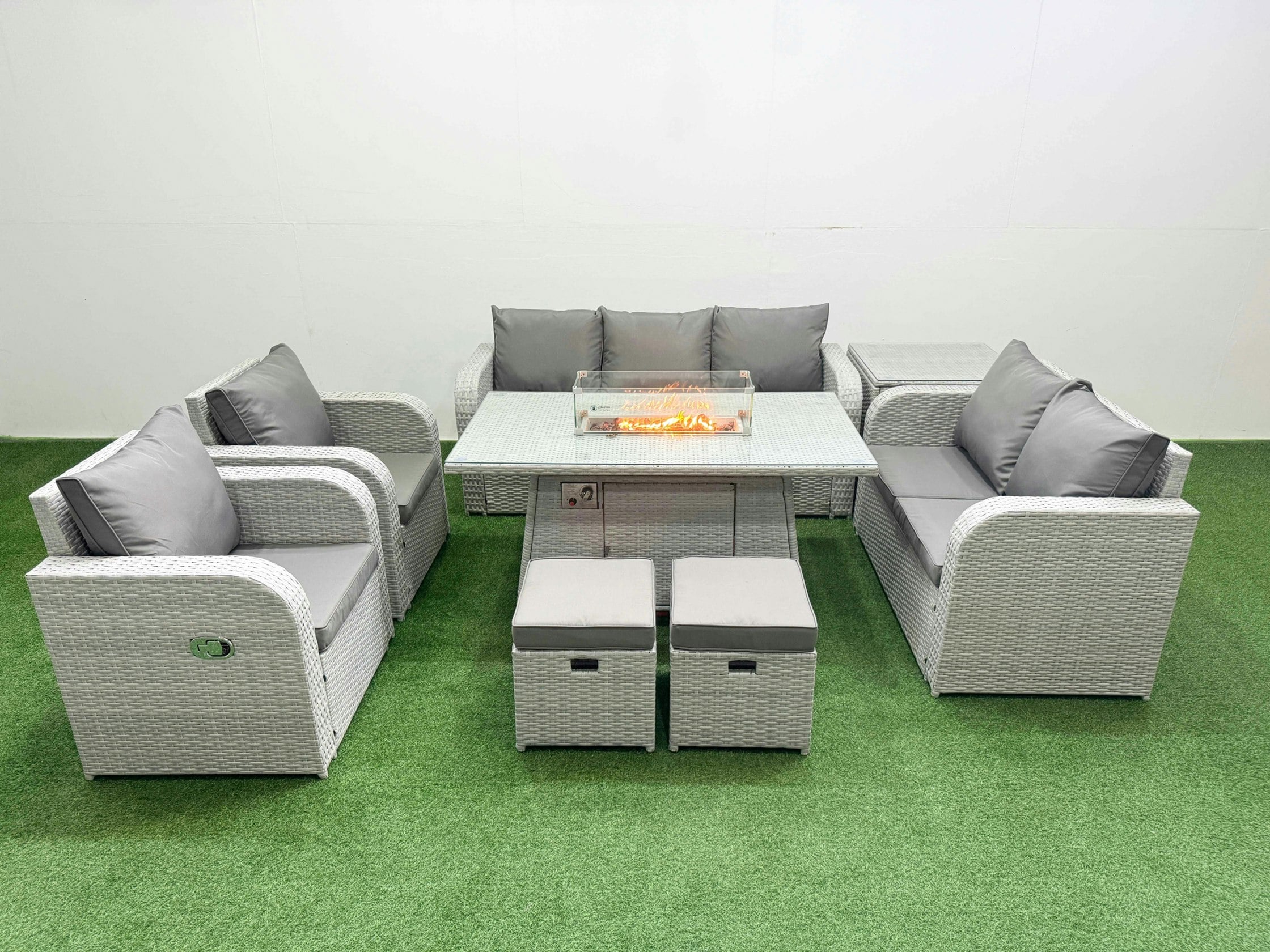 Rackhams Light/Grey Rattan Garden Furniture Set Reclining Chair Sofa Double Love Seat 2 Seater Sofa Lounge Set Fire Pit Dining Table 2 Stools Side Table