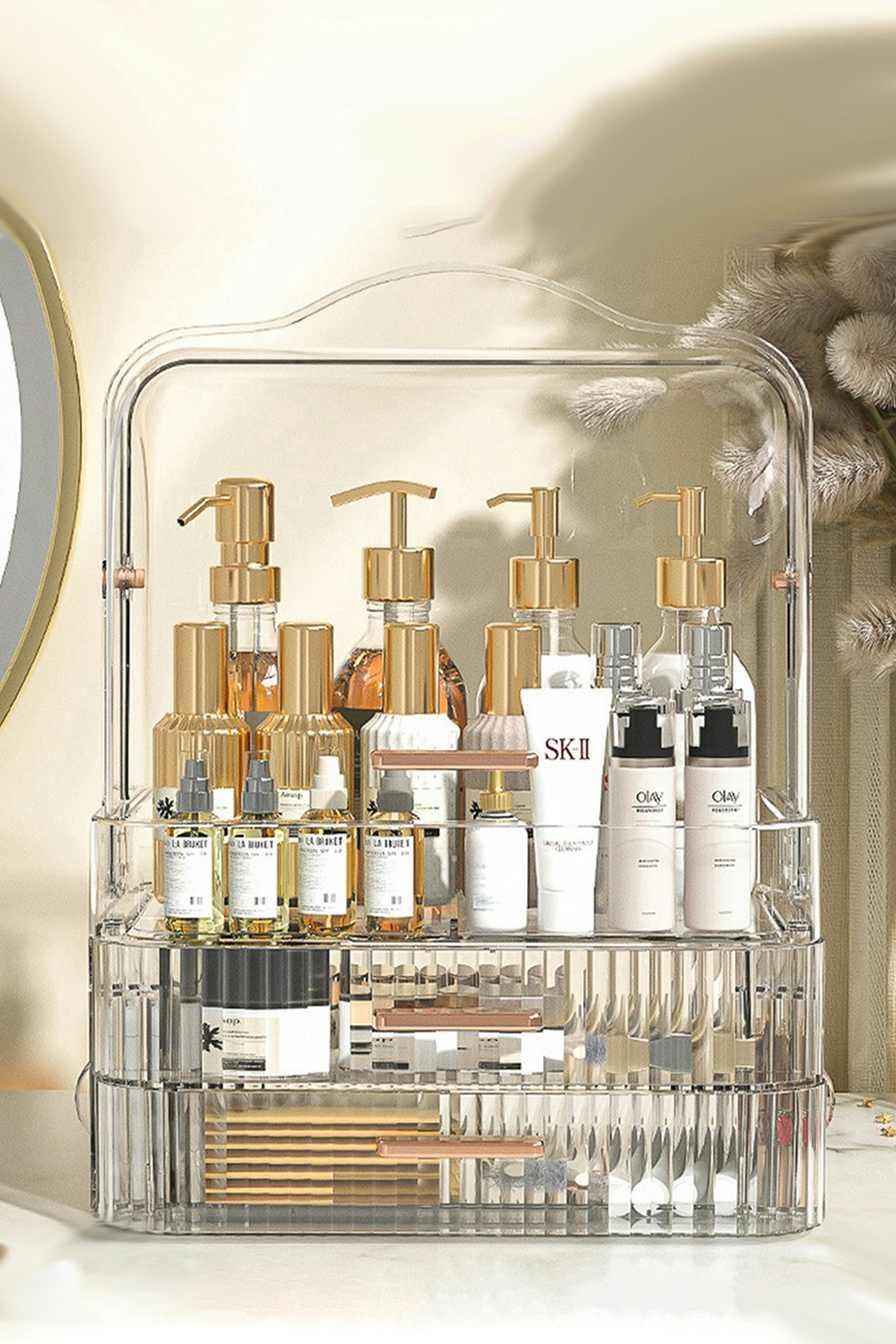 Living And Home White Portable Dustproof Cosmetic Desktop Makeup Organizer With Handle