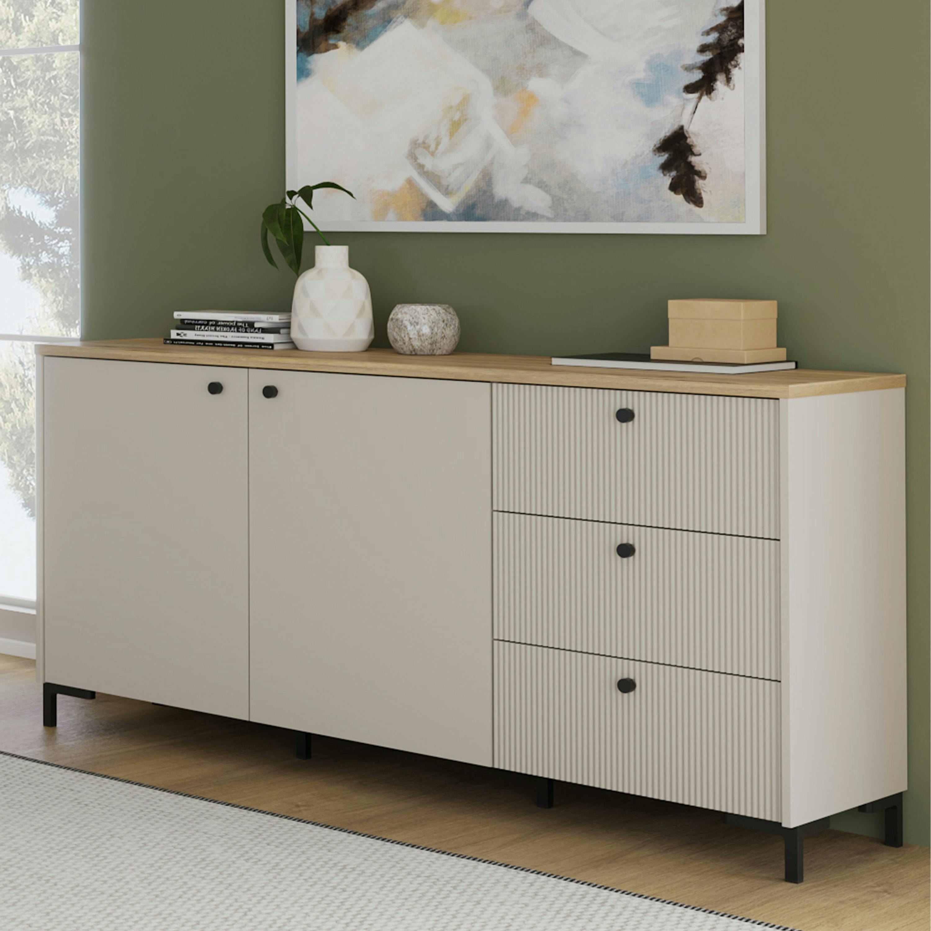 Rackhams Black Bixbite Wide Sideboard With Fluted Drawers & Cupboard In Mauvella Oak And Sand - W 152.8 X H 79 X D 41.9Cm - Mauvella Oak & Sand - 1