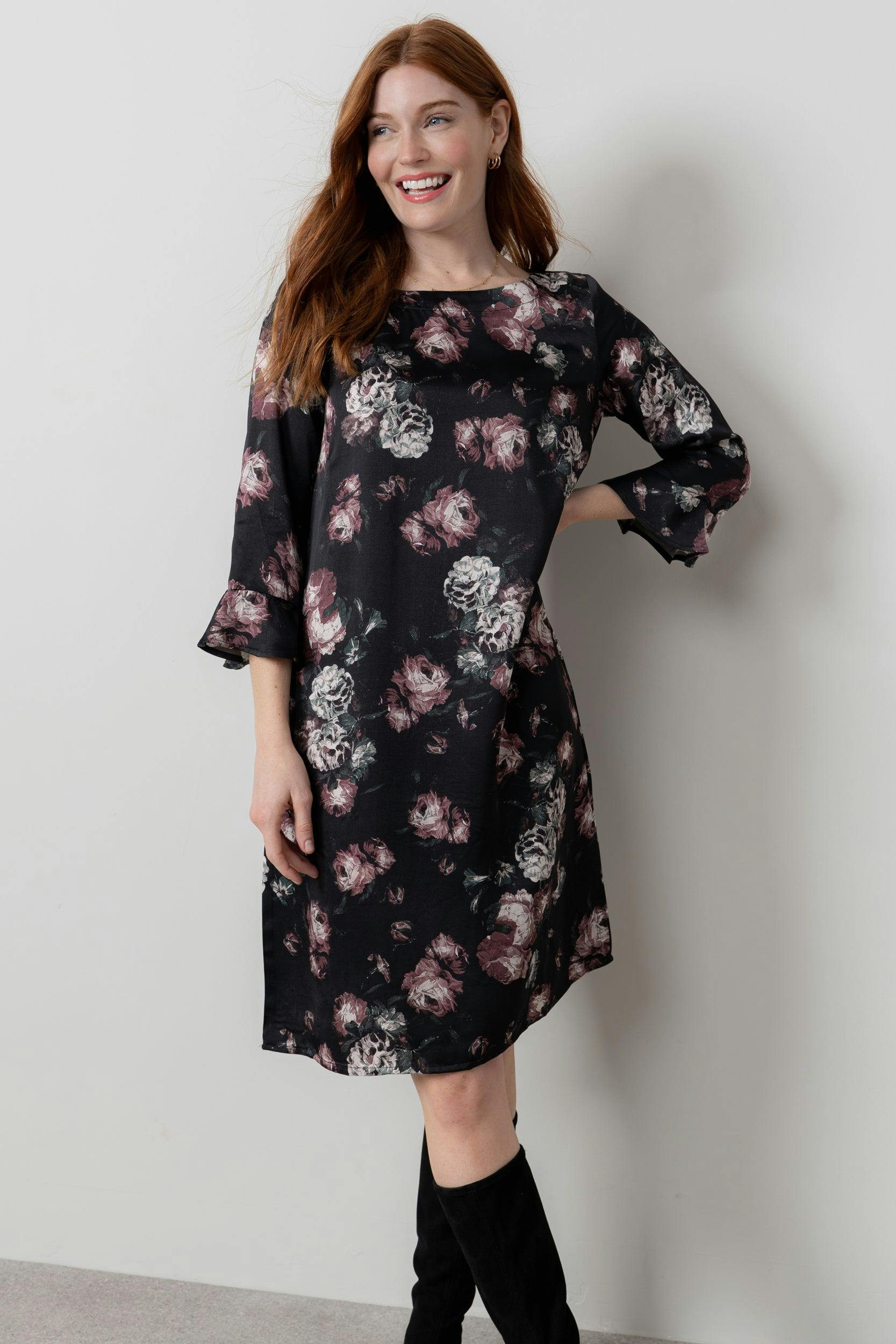 Lily & Me Black Lotty Fluted Sleeve Shift Dress - 16