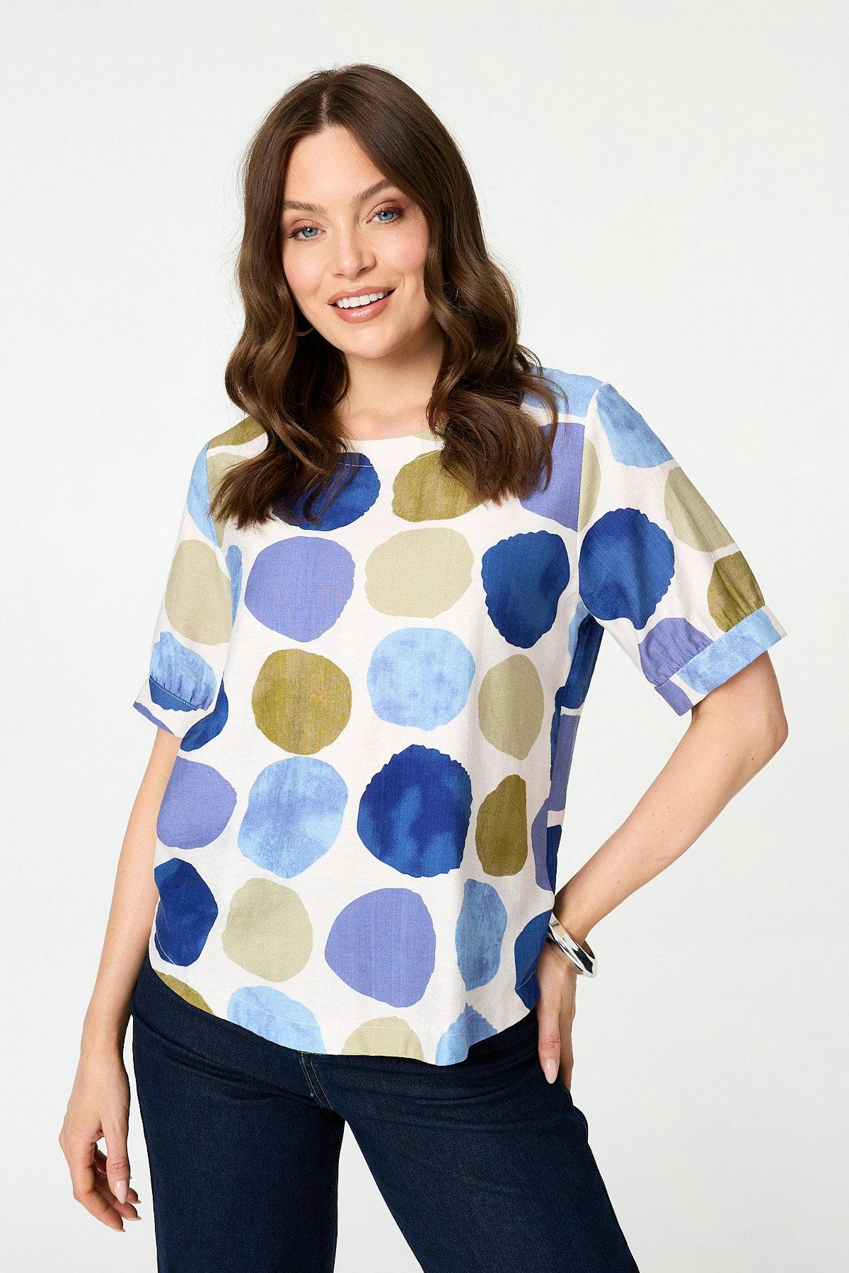 Izabel London Blue Printed 1/2 Sleeve Relaxed Blouse - 10
