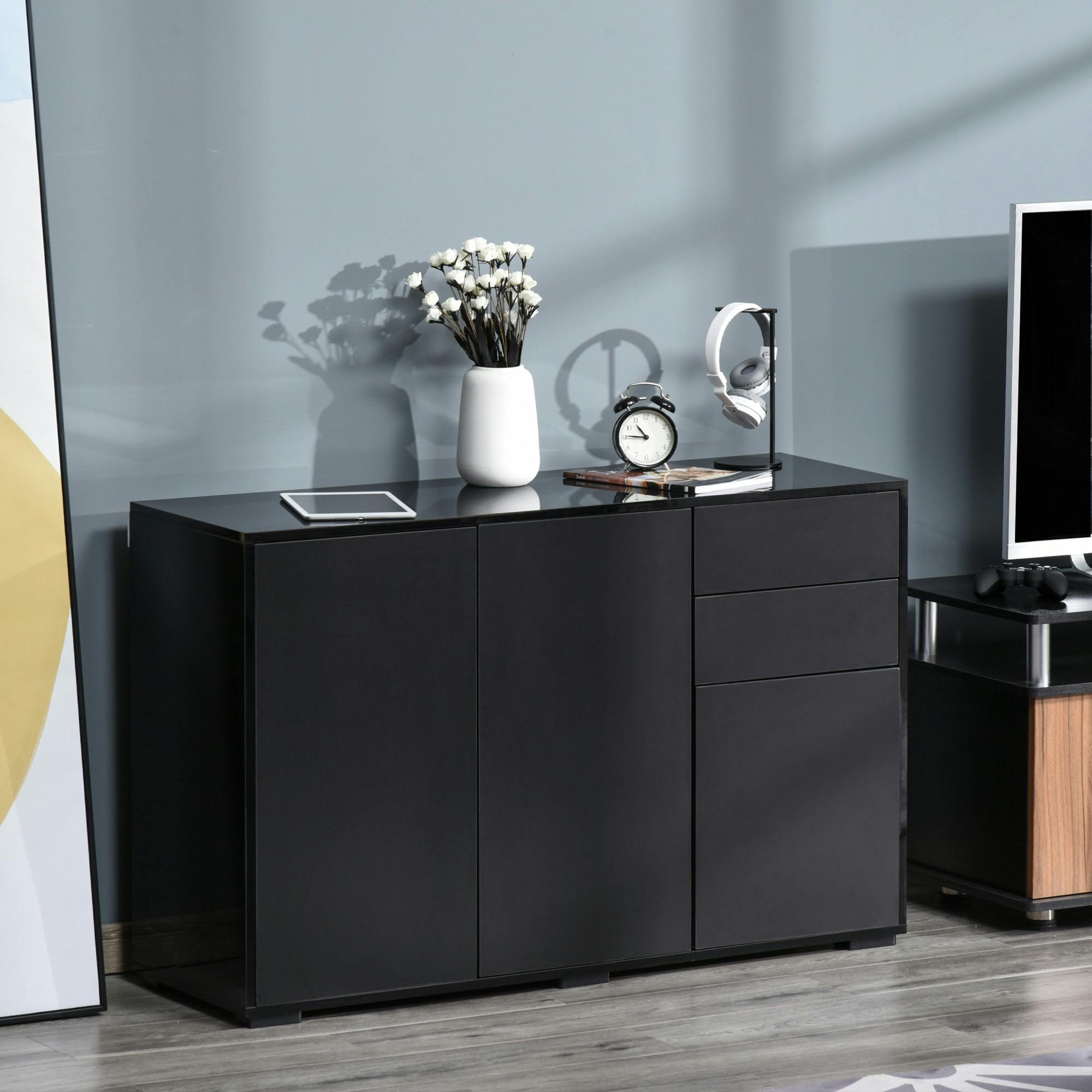 Rackhams Grey/Black High Gloss Frame Side Cabinet With 2 Door And 2 Drawer,