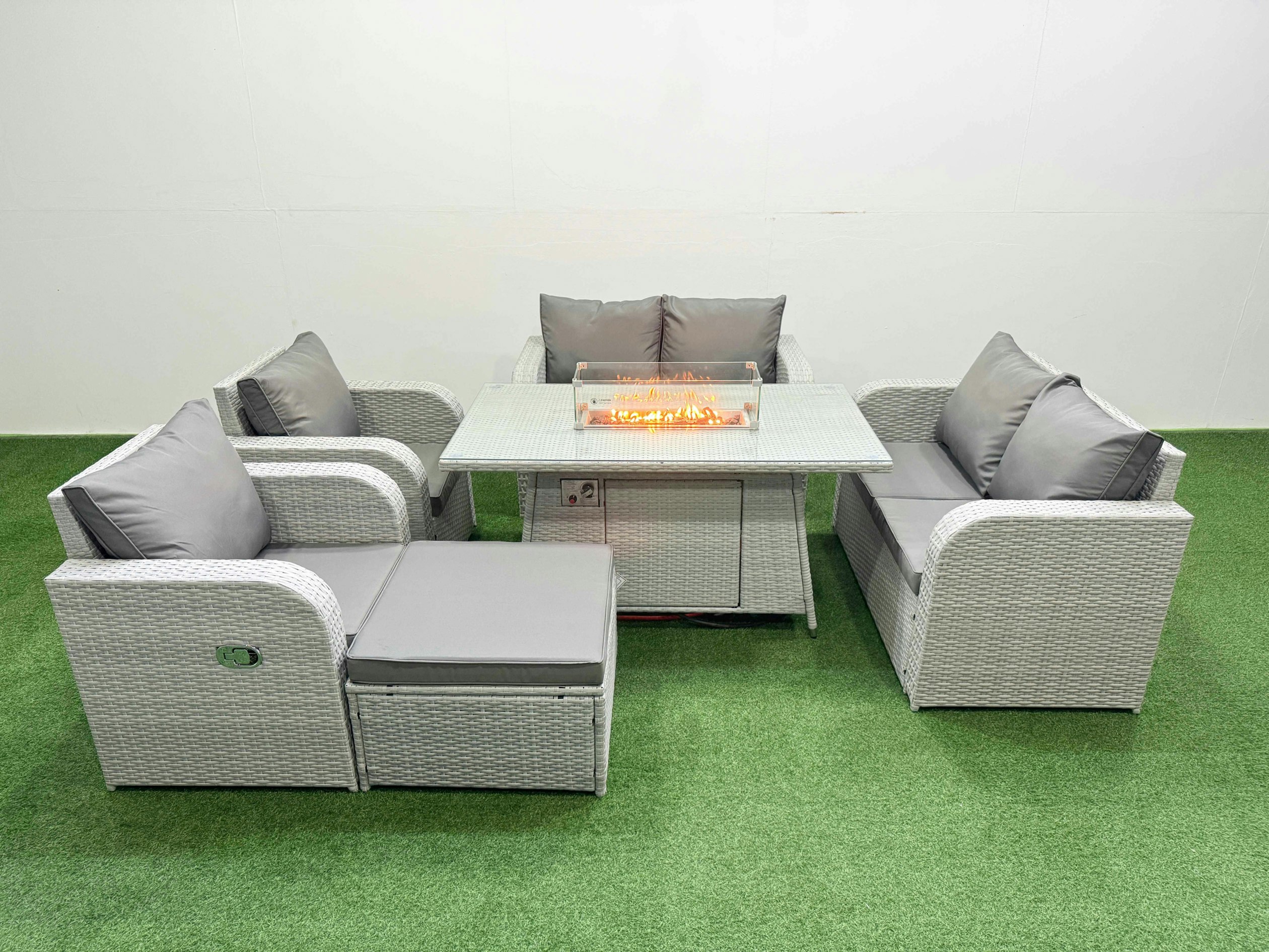 Fimous Light/Grey 7 Seater Outdoor Reclining Chair Love Sofa Set Rattan Garden Furniture Set With Fire Pit Dining Table Footstool