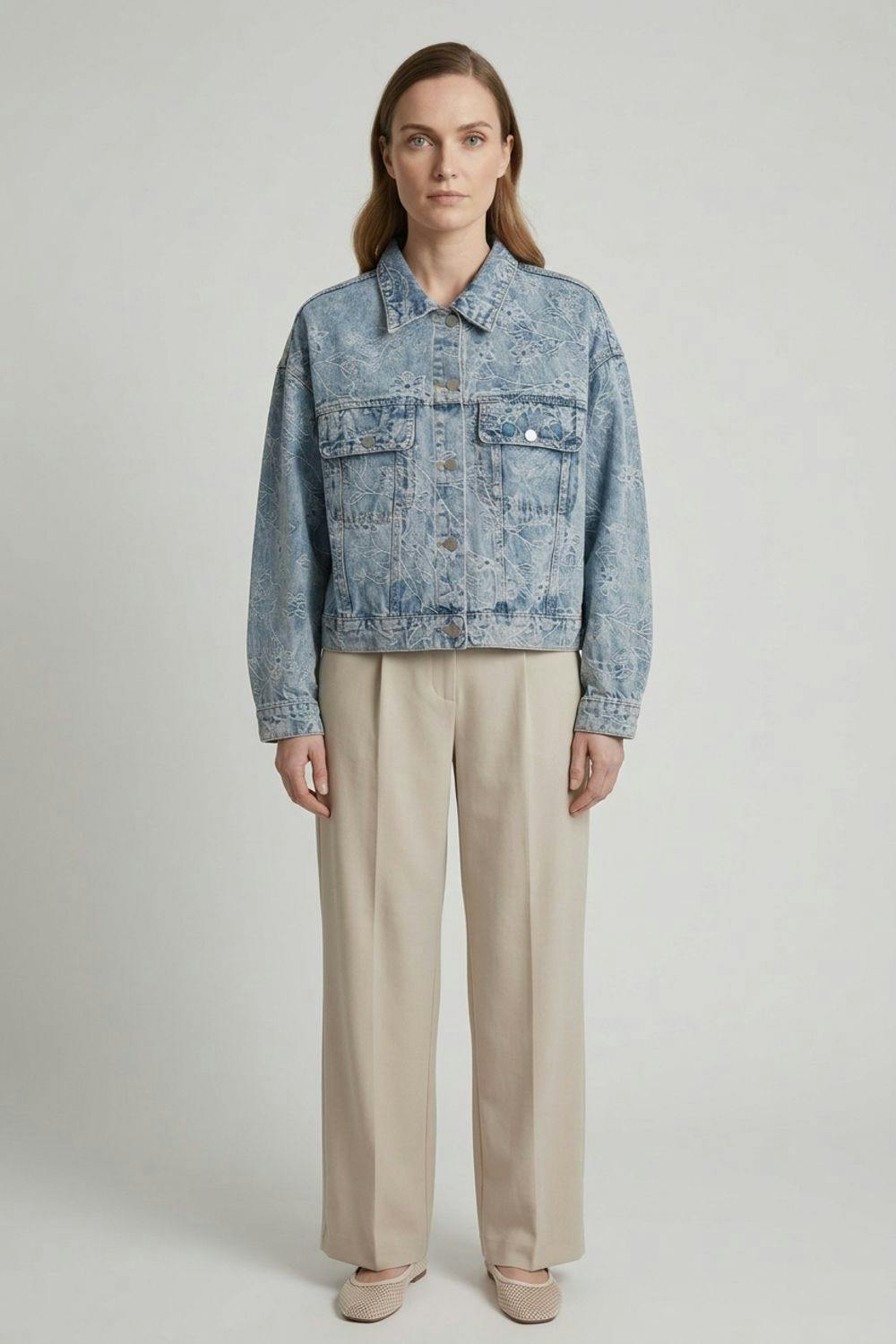Izabel London Blue Floral Embroidered Relaxed Denim Jacket - M