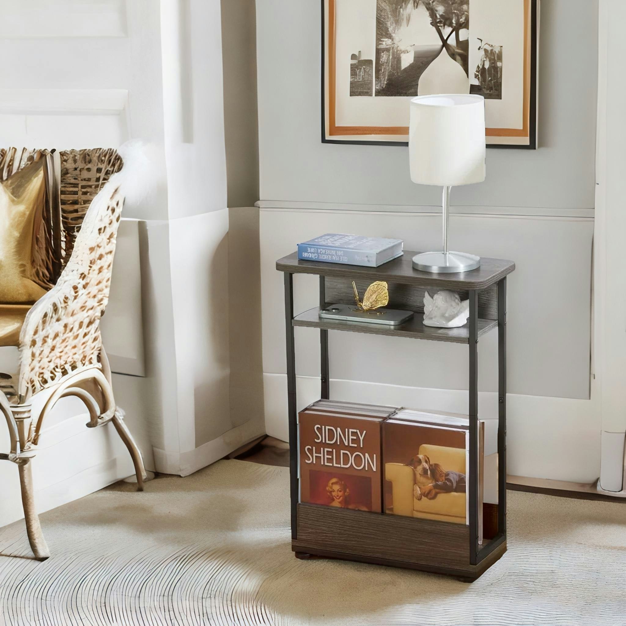 Rackhams Grey Industrial Rustic 3 Tier Side Table With Magazine Rack