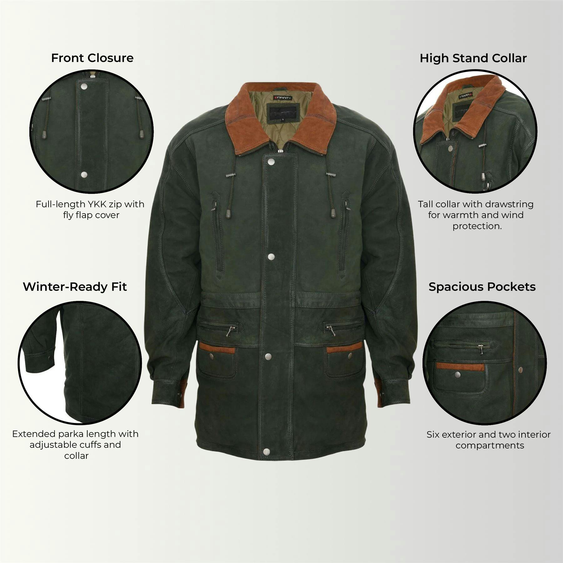 Infinity Leather Men's Green Nubuck Leather Parka Coat-Winnipeg - Uk 4XL | Eu 58 | Us 48