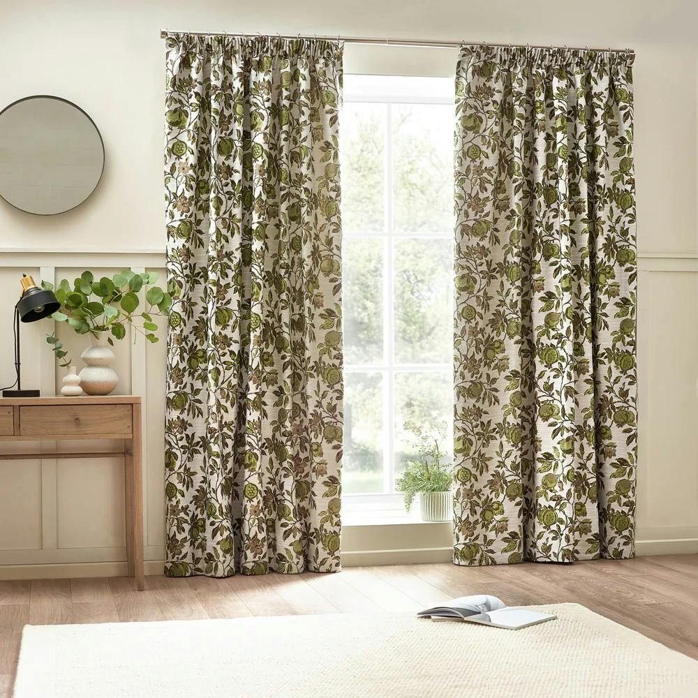 Wylder Green Jacquard Pomegranate Floral Pencil Pleat Curtains - 168Cm X 183Cm - 100% Polyester