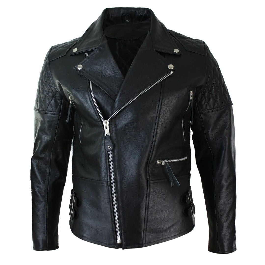 Infinity Leather Men's White/Black Leather Company Cross Zip Cow Hide Padded Biker Jacket Brando - 4XL