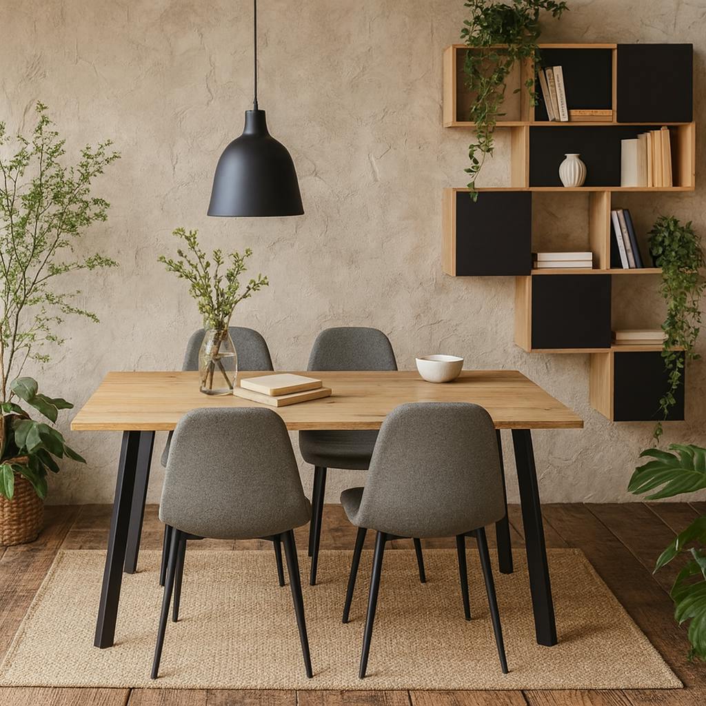 Wyld Haus Black/Light/Grey Wellington Dining Set Natural Oak Effect And Dining Table + 4 Dining Chairs