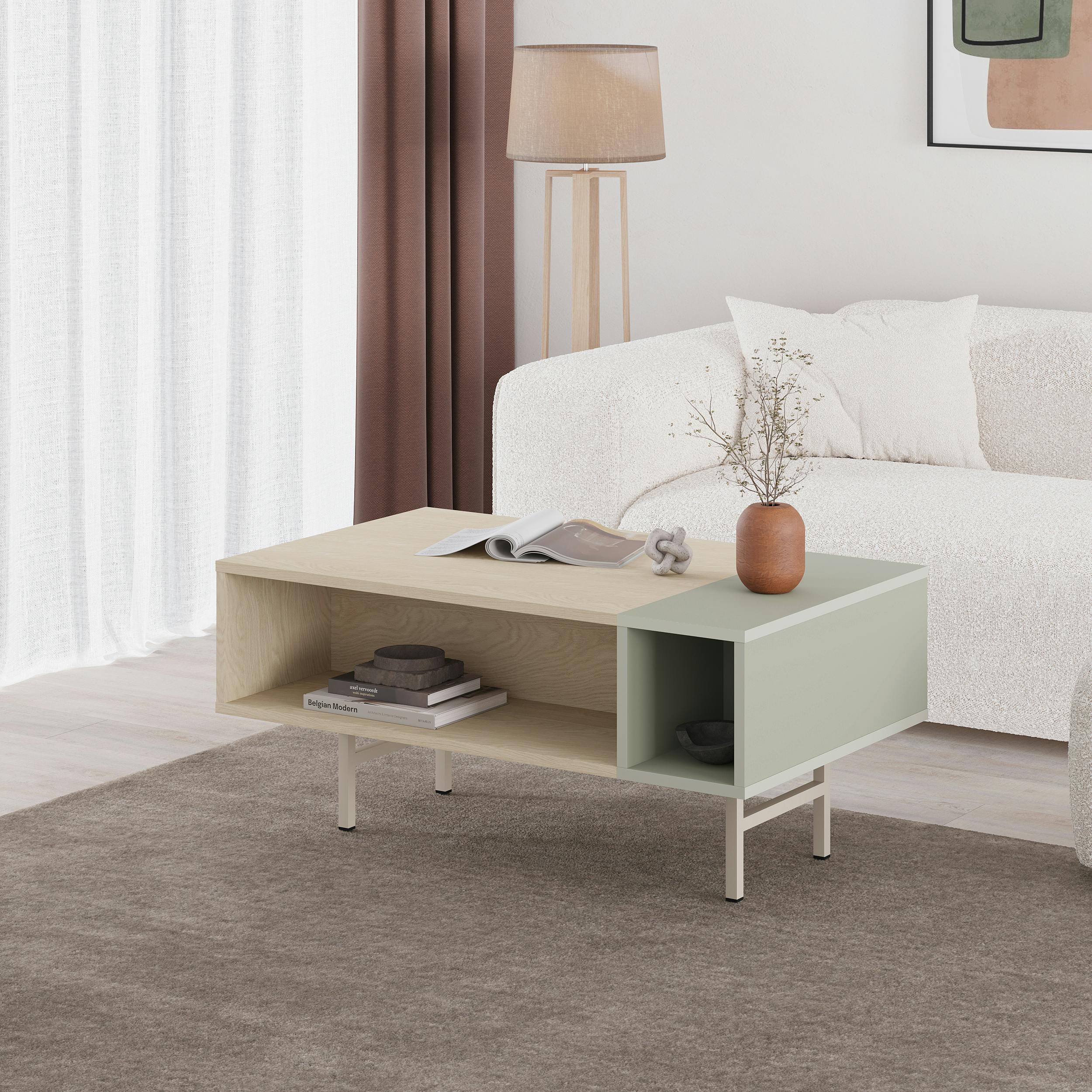 Decortie Green/Light Modern 100Cm Rectangle Coffee Table With Open Dual Shelf 4 Storage Compartments, Metal Frame Legs, Sonoma Oak, Ash - Oak-Ash