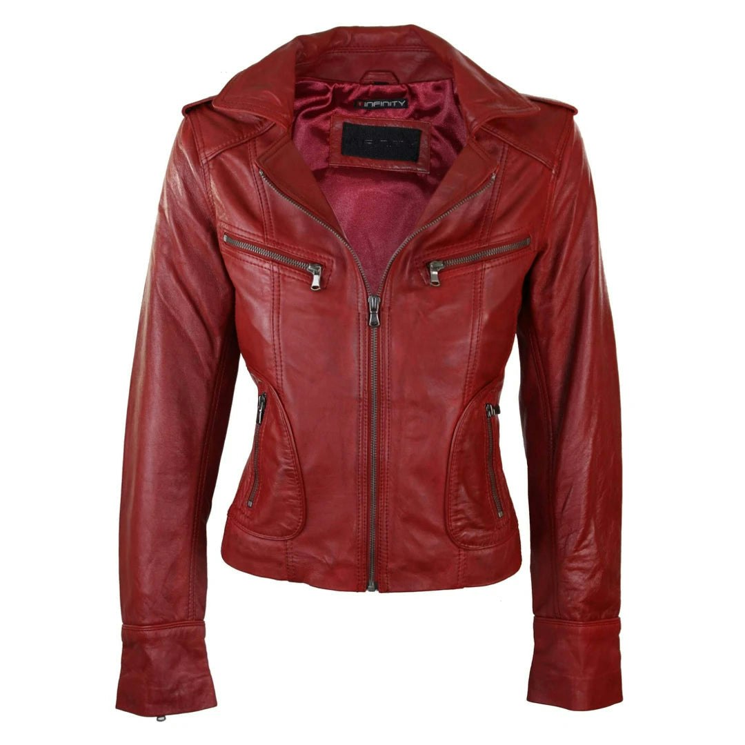 Aviatrix Women's Red Leather Short Slim Fit Biker Jacket - Uk 16