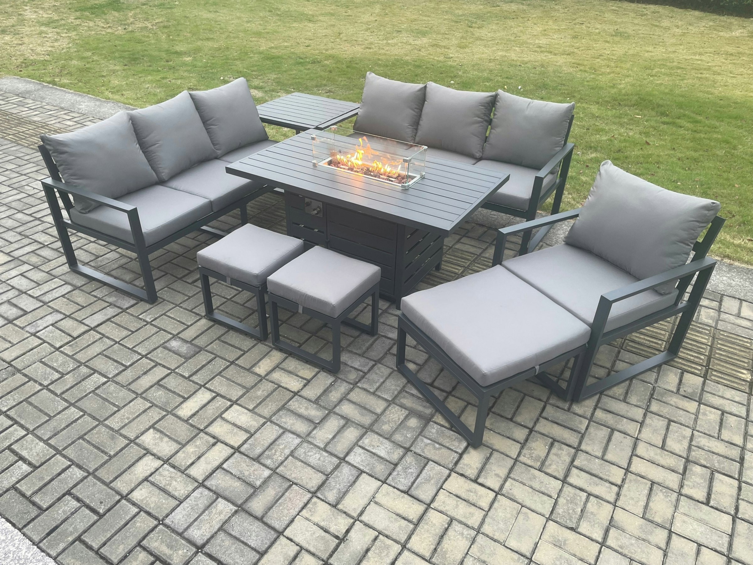 Rackhams Dark/Grey Aluminium 8 Pieces Garden Furniture Sofa Set With Cushions 10 Seater Gas Fire Pit Dining Table Set With Side Table 3 Footstools