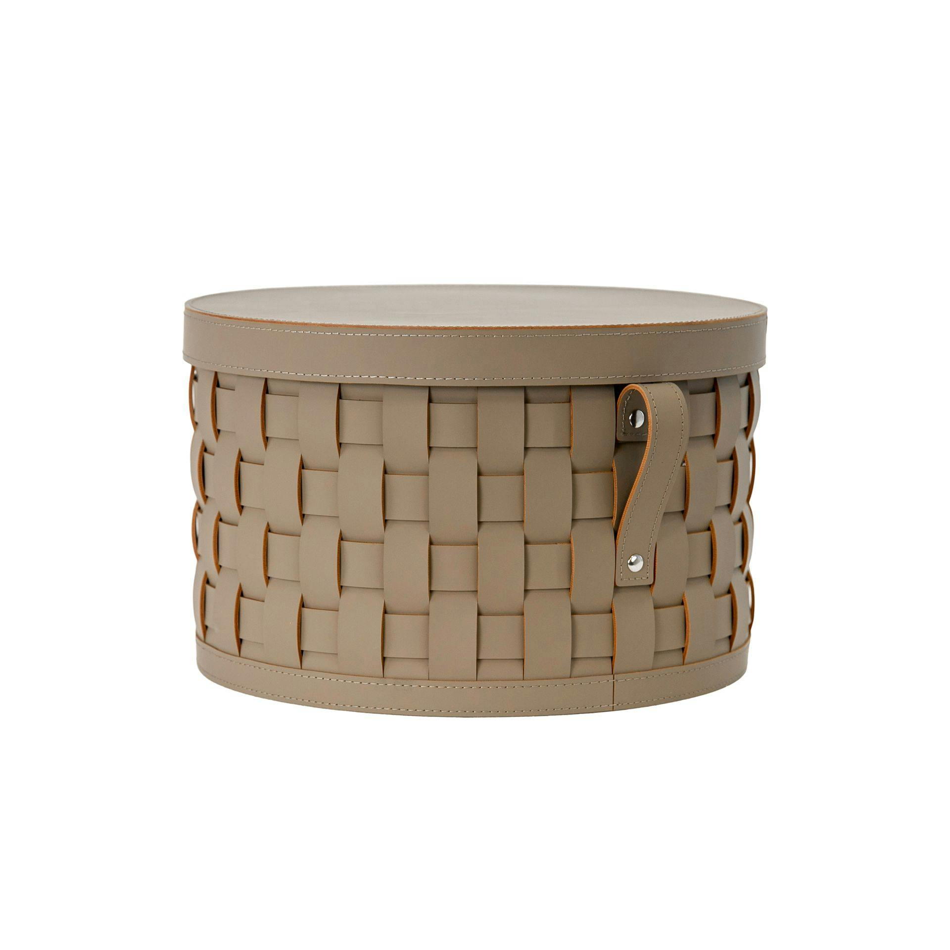 Rackhams Dark Round Decorative Storage Basket In Mink Regenerated Leather With Lid 3305