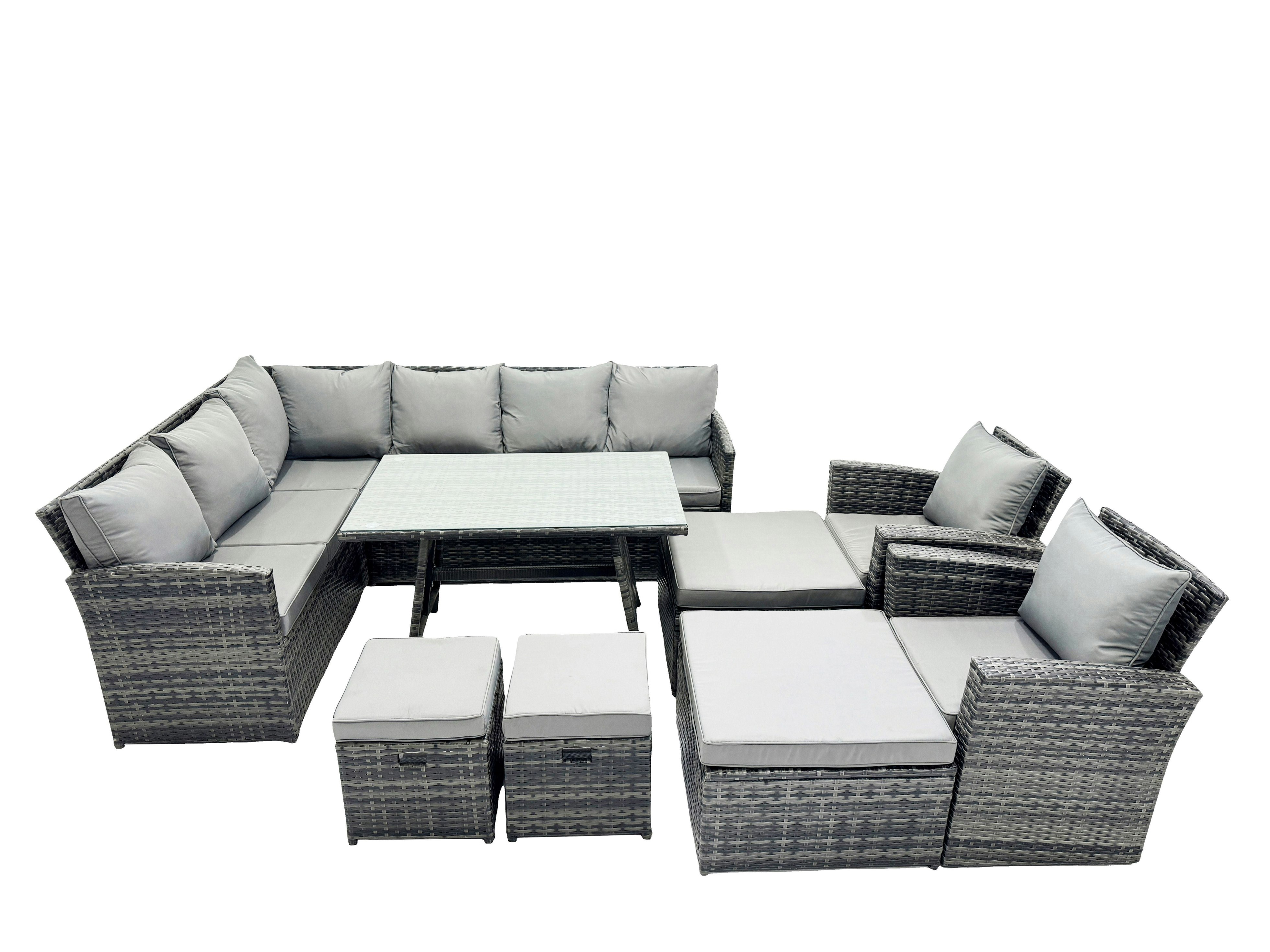 Fimous Dark/Grey 12 Seat Poly Rattan Outdoor Patio Oblong Dining Table Corner Sofa Set With 4 Stool 2 Chairs For Garden Backyard Mixed