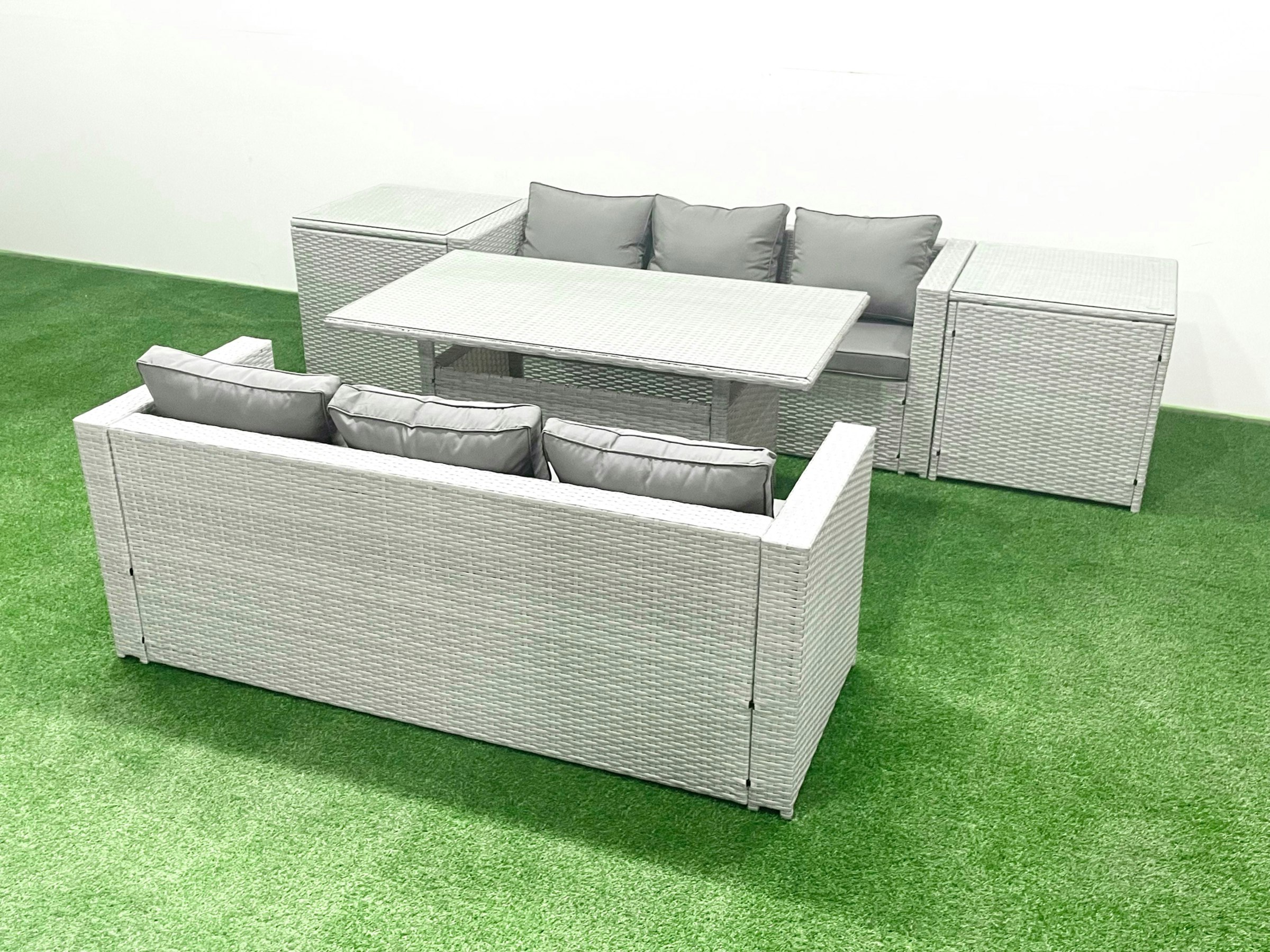 Fimous Light/Grey Rattan Garden Furniture Set 6 Seater Outdoor Sofa Set With Dining Table 2 Side Tables Mixed