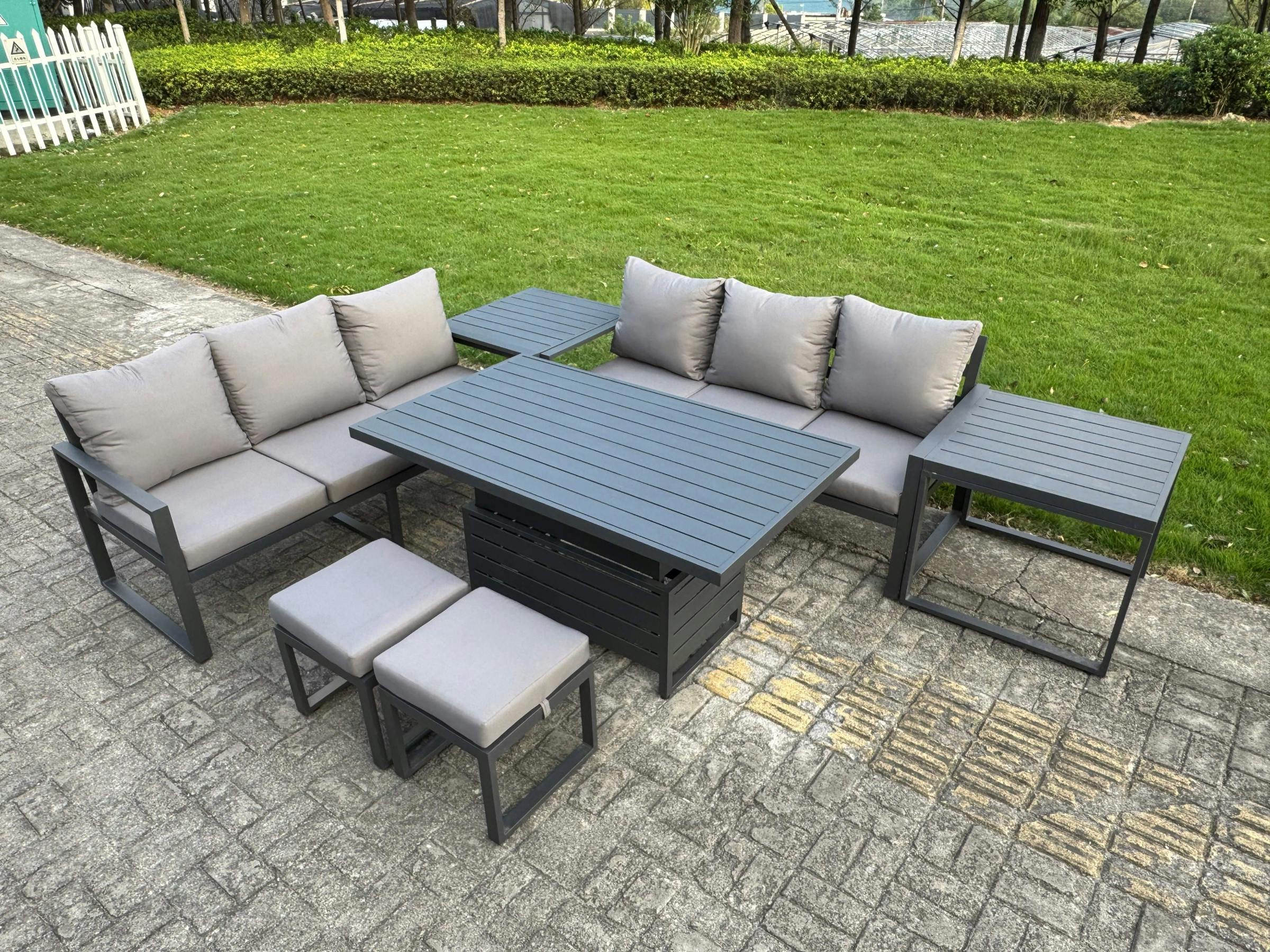 Fimous Dark/Grey 8 Seater Aluminium Garden Furniture Set With Adjustable Rising Dining Table, 2 Sofas, 2 Side Tables, 2 Footstools