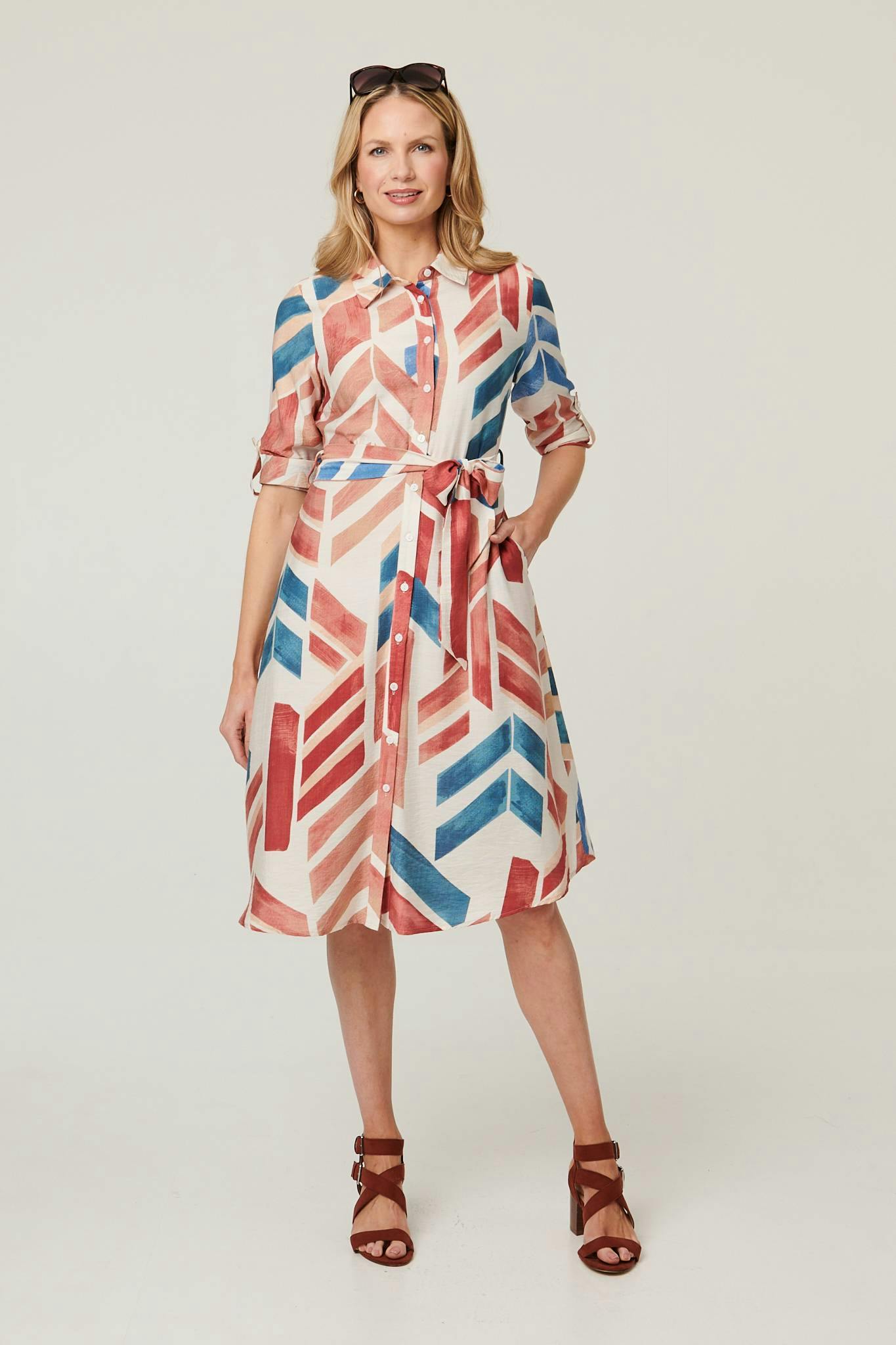 Izabel London Red Geo Print Tie Waist Midi Shirt Dress - 10