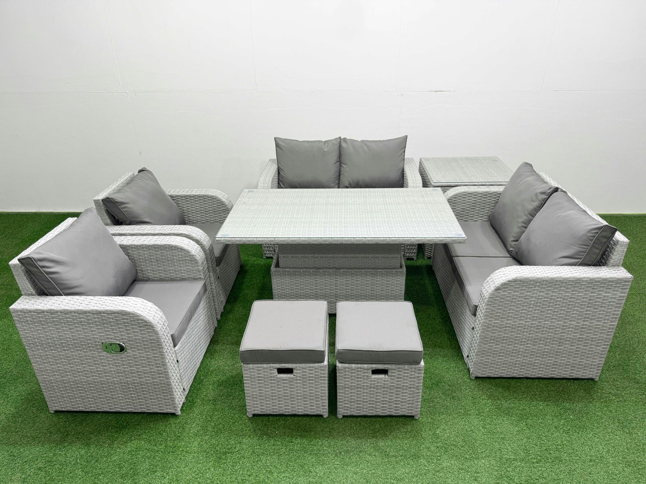 Rackhams Light/Grey 8 Seater Rattan Garden Furniture Set - With Reclining Chair, Loveseat & Adjustable Lifting Dining/Coffee Table & 2 Stools