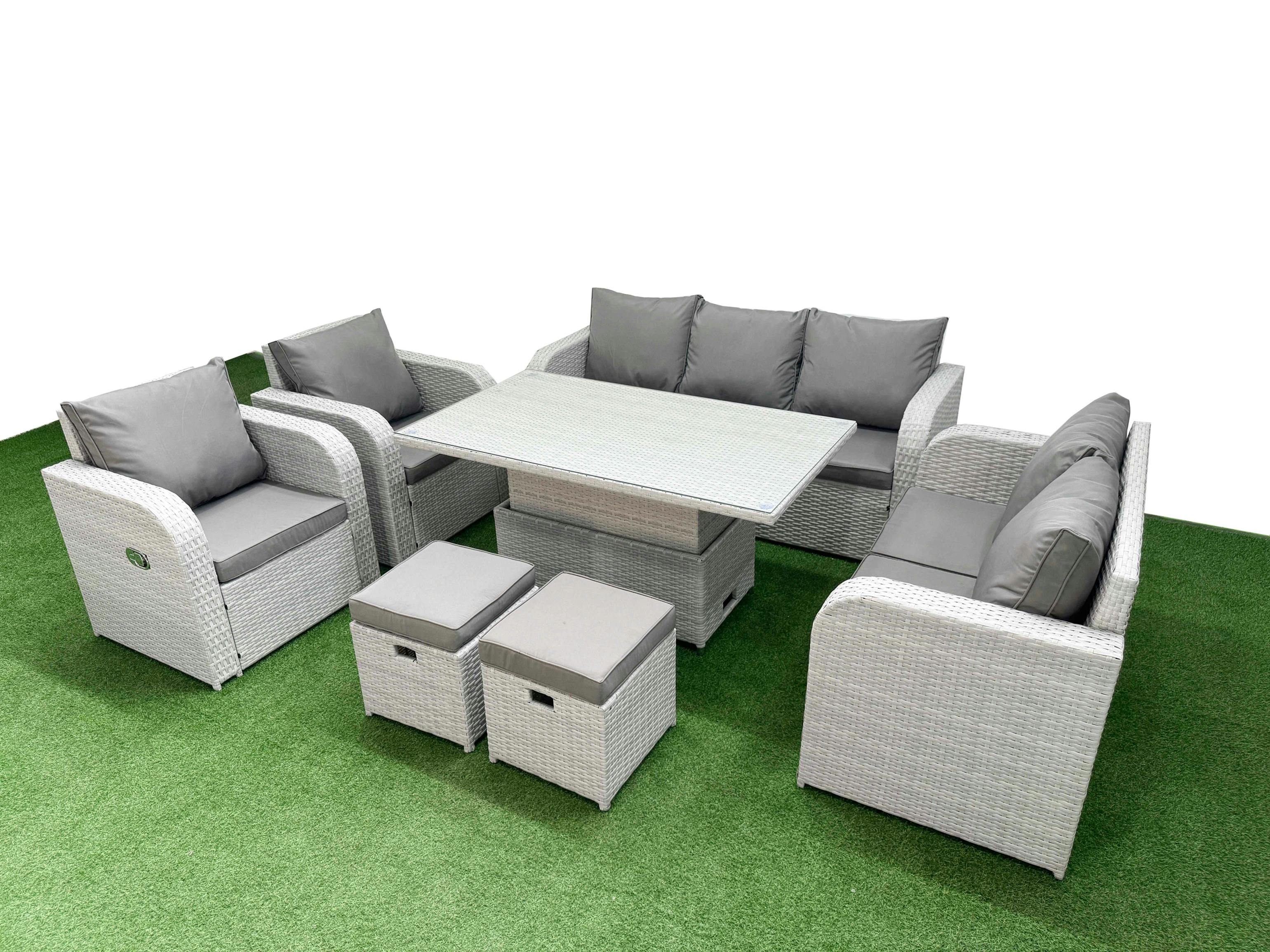 Rackhams Light/Grey Pe Rattan Furniture Set, Adj Height Table, Reclining Sofa, Double Love Seat, 2 Seater Lounge And 2 Stools,