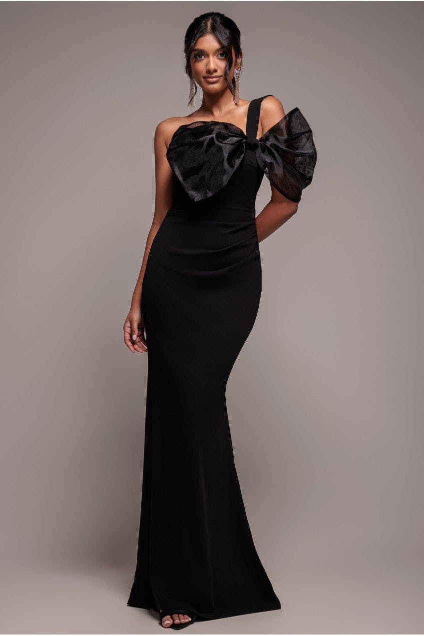 Goddiva Black Organza Bow One Shoulder Scuba Crepe Maxi Dress - By - 16