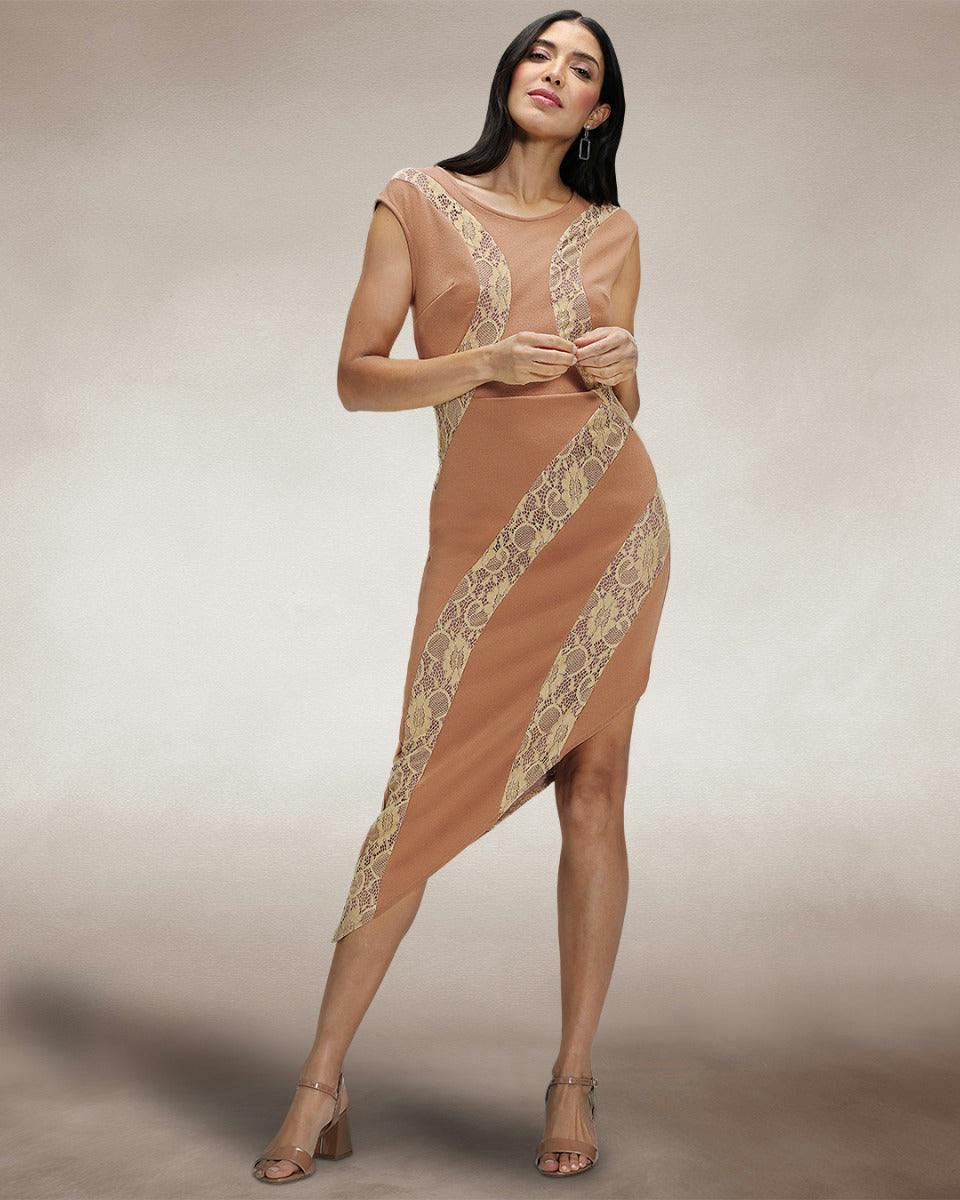 Hotsquash Bodycon Dress With Lace Panelling - Caramel - 16