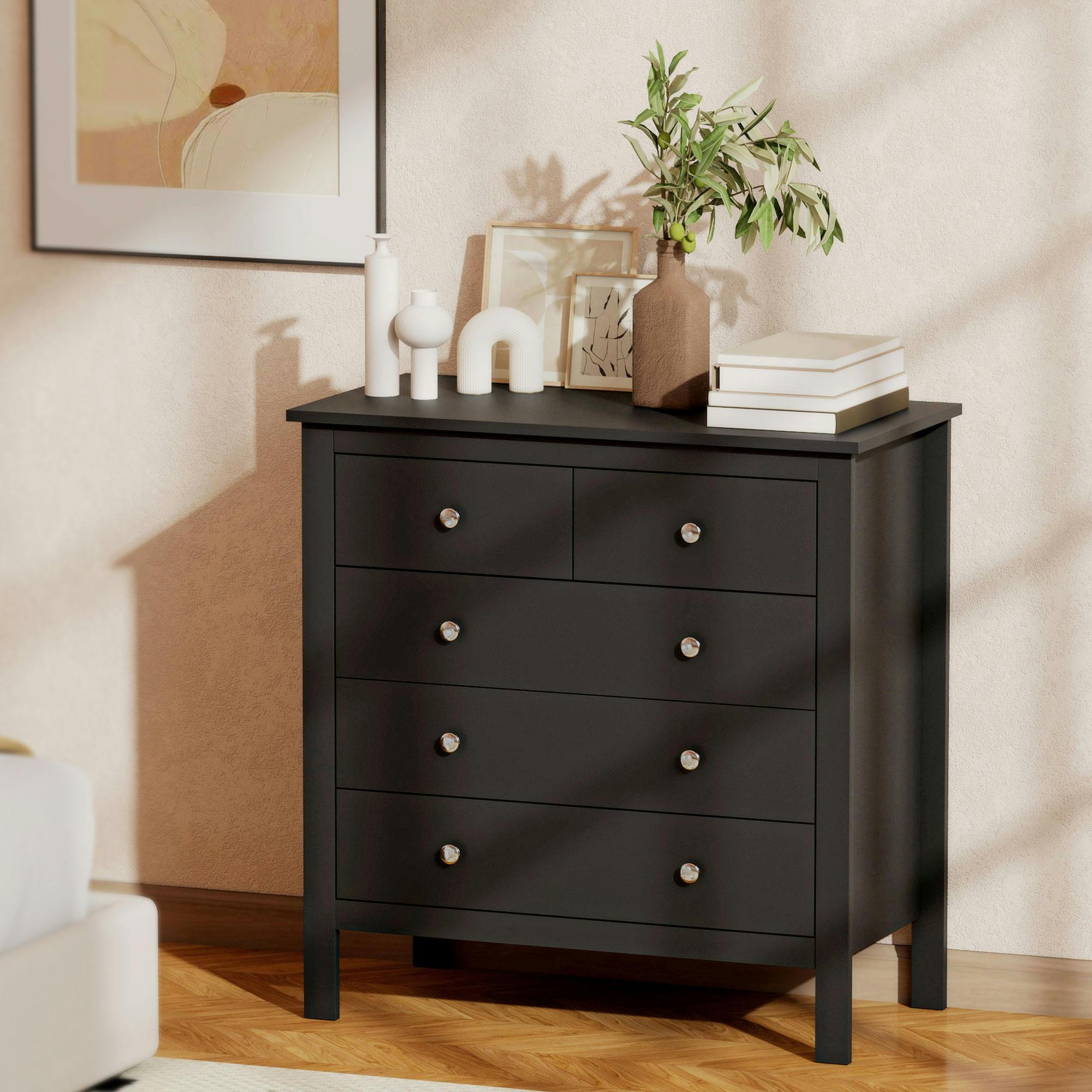 Homcom Black Modern Chest Of Drawers, 5 Drawer Unit Storage Chest For Bedroom - 80.5