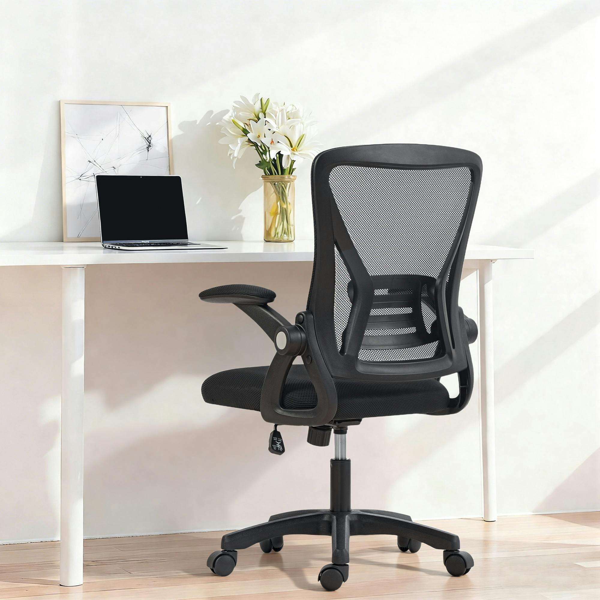 Rackhams Black Mesh Office Chair, Desk Chair With Flip-Up Armrests, Lumbar Support, - Yes - Office Chair - 59.5 X 56 X 103 Cm