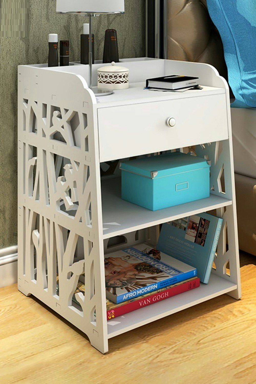 Rackhams White Hollow Carved Bird Pattern Side Table Nightstand Shelf Bedroom Cabinet With Drawer