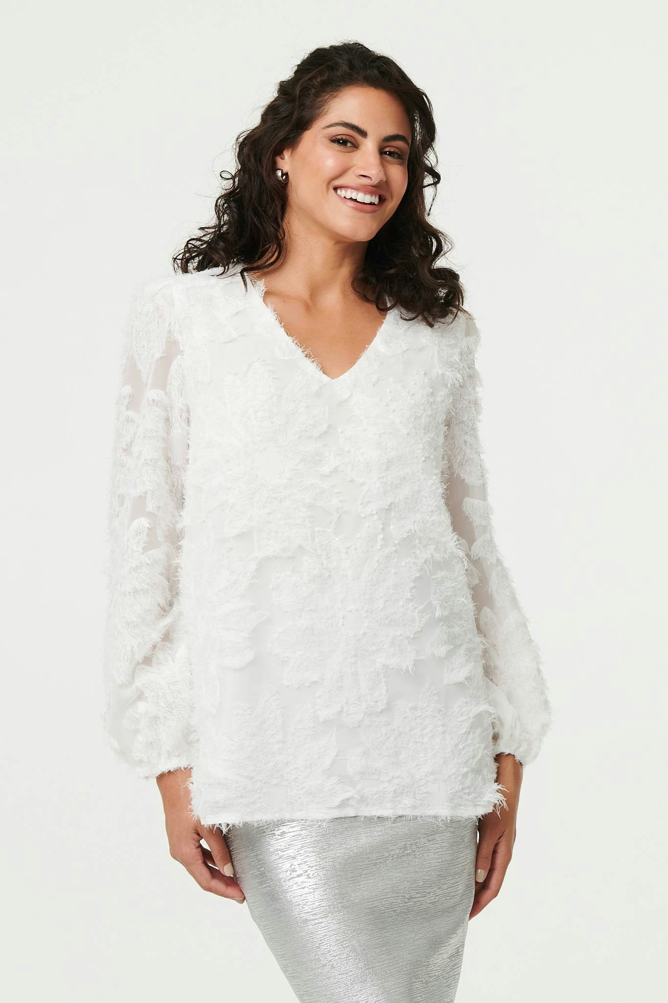 Izabel London White Lace Embellished V-Neck Long Sleeve Top - 8