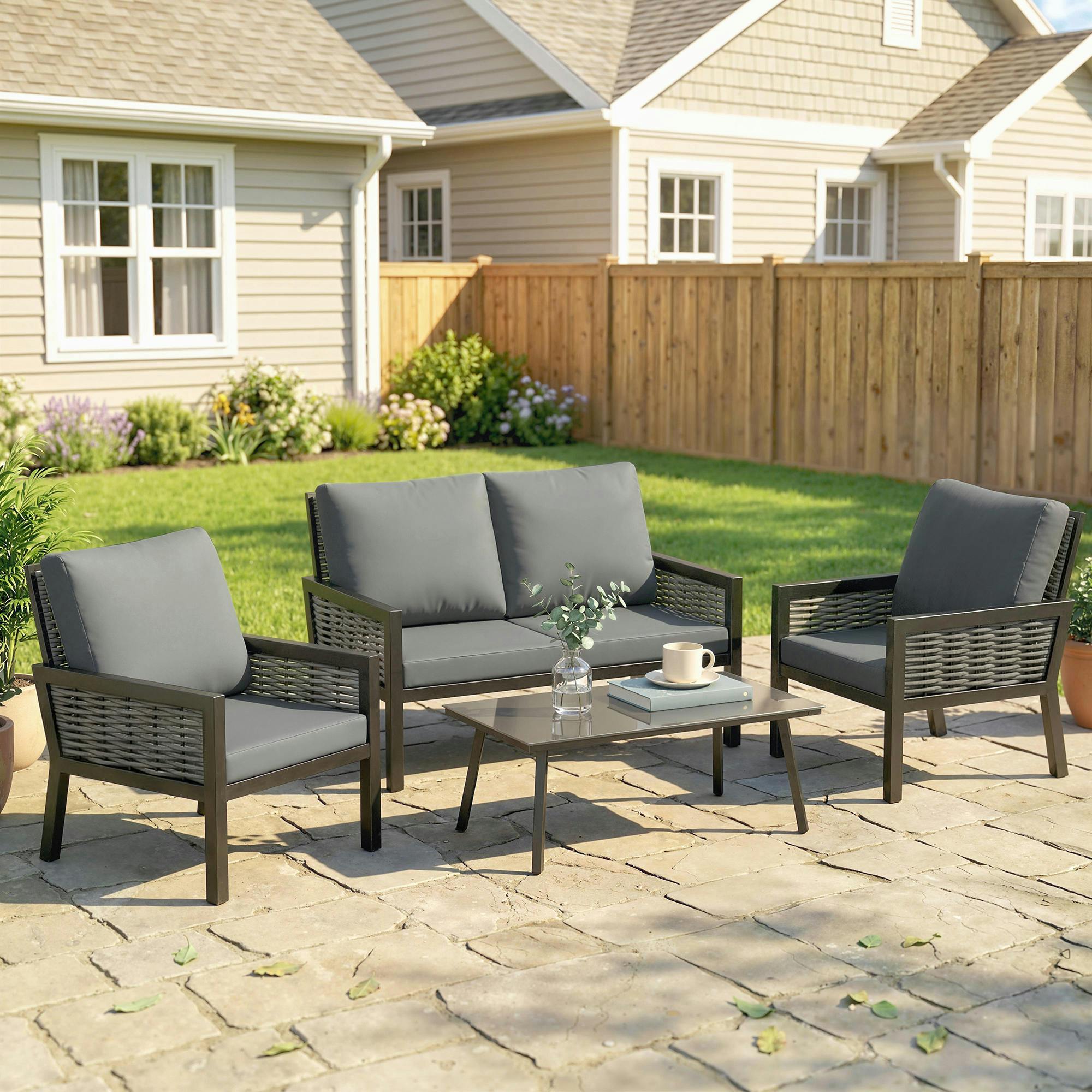 Rackhams Dark/Grey Rattan Garden Furniture Set, Outdoor Furniture Conversation Set - Rattan Garden Furniture Set - 4